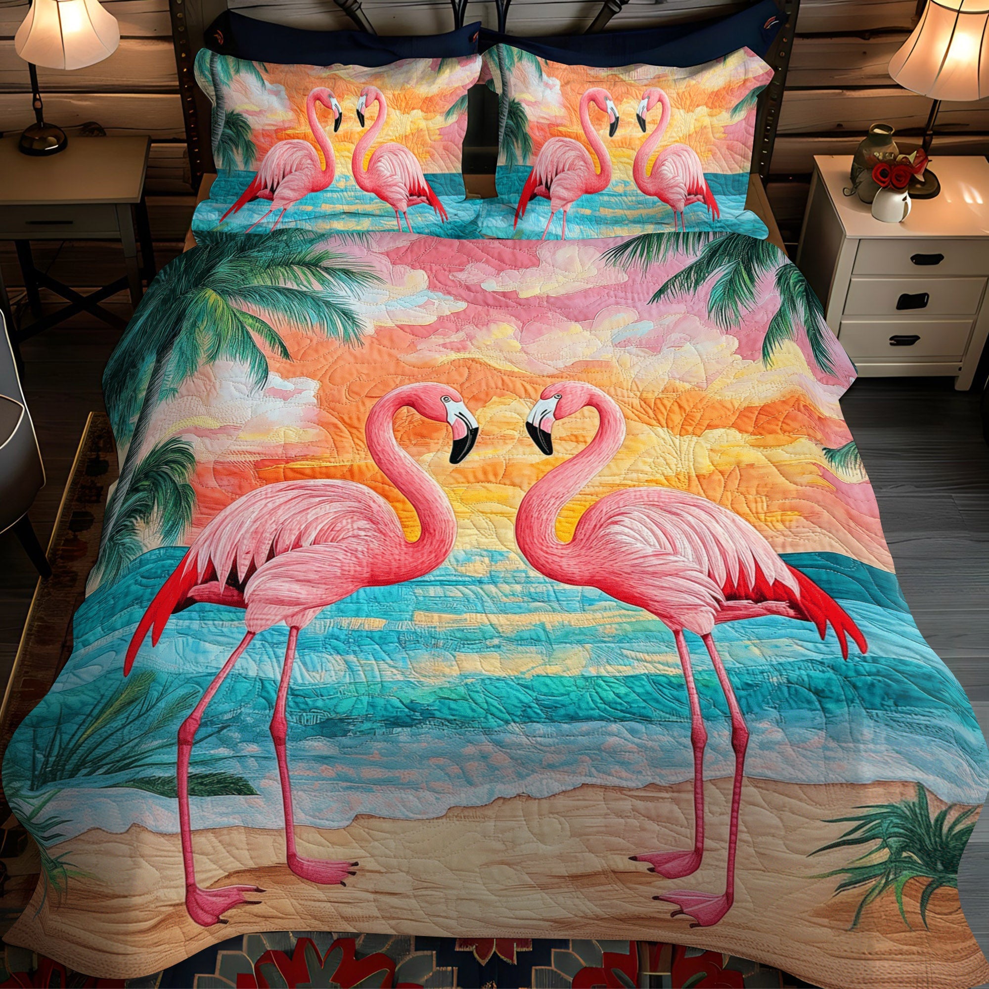 Flamingo Splendor 3-Piece Quilted Bedding Set NCU0TL891