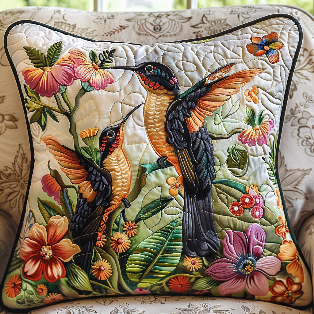 Floral Couple Hummingbirds Quilted Pillow Case NCU0TH100