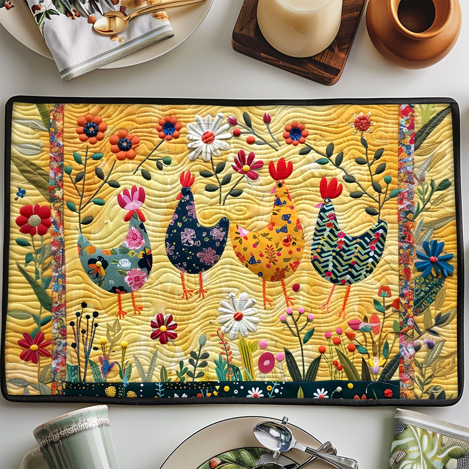 Floral Fantasy Chickens Quilted Place Mat NCU0TL228