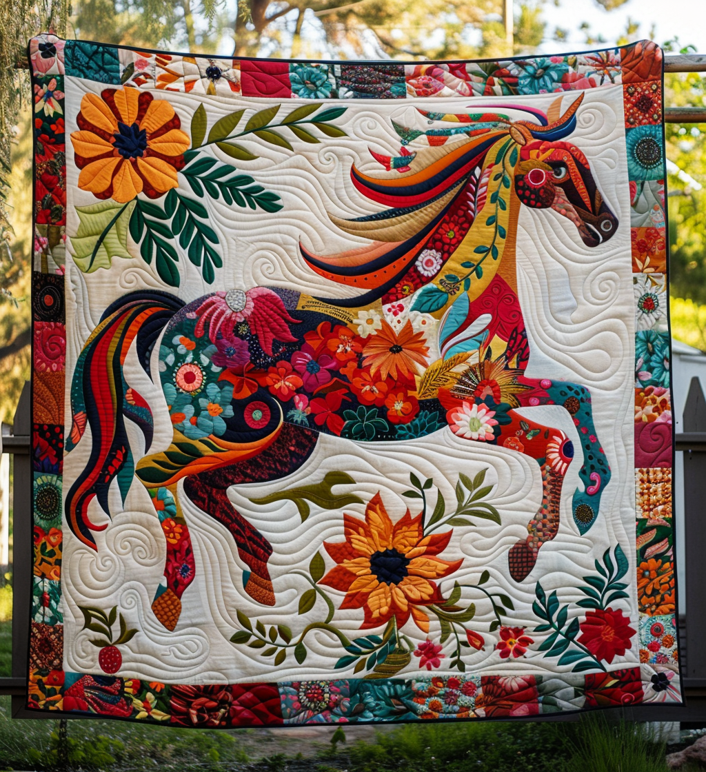 Floral Horse Charm Quilted Blanket NCU0DV355