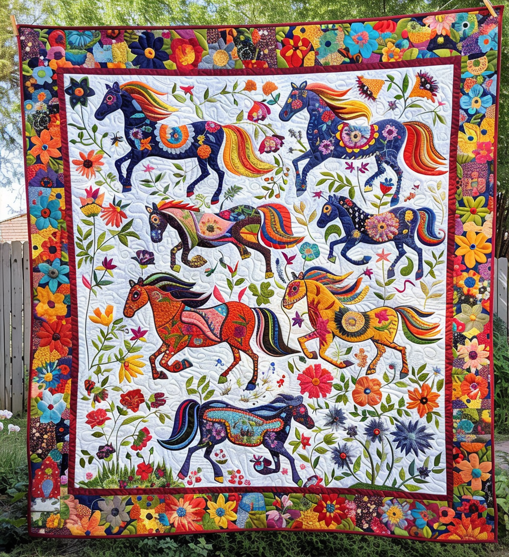 Floral Horse Dance Quilted Blanket NCU0DV356