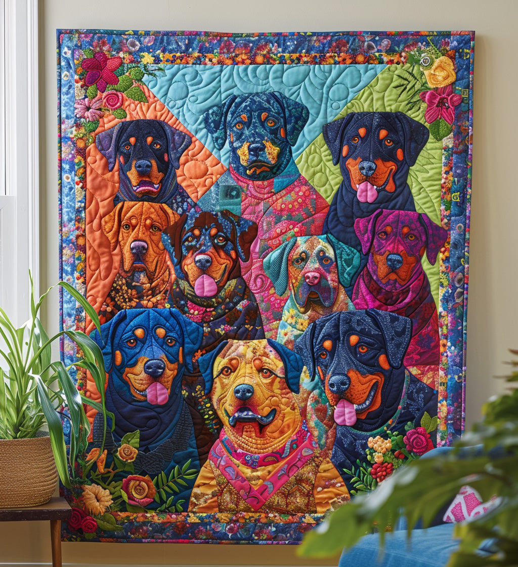 Floral Paws & Rottweiler Quilted Blanket NCU0PT342