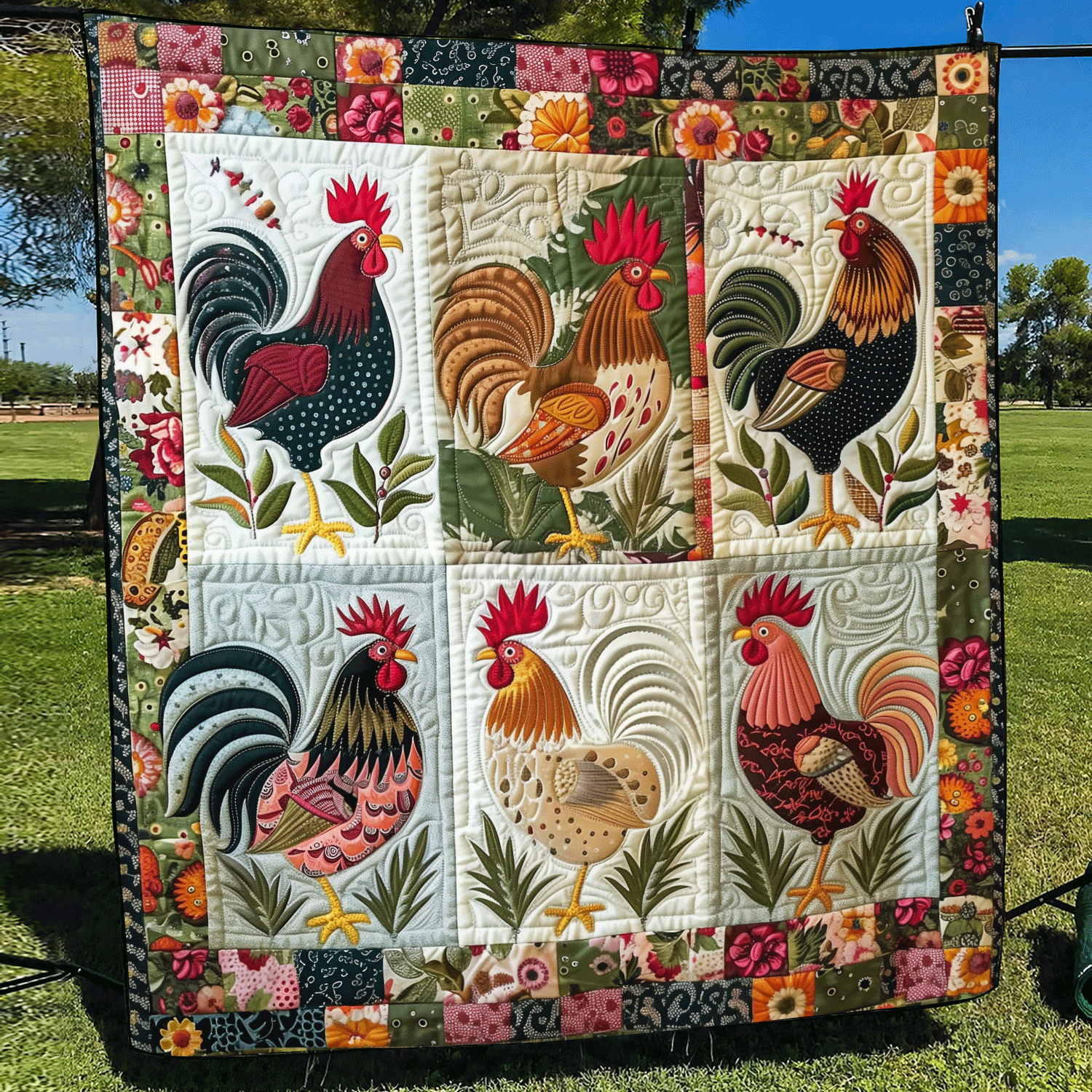 Floral Rooster Quilted Blanket NCU0TH973