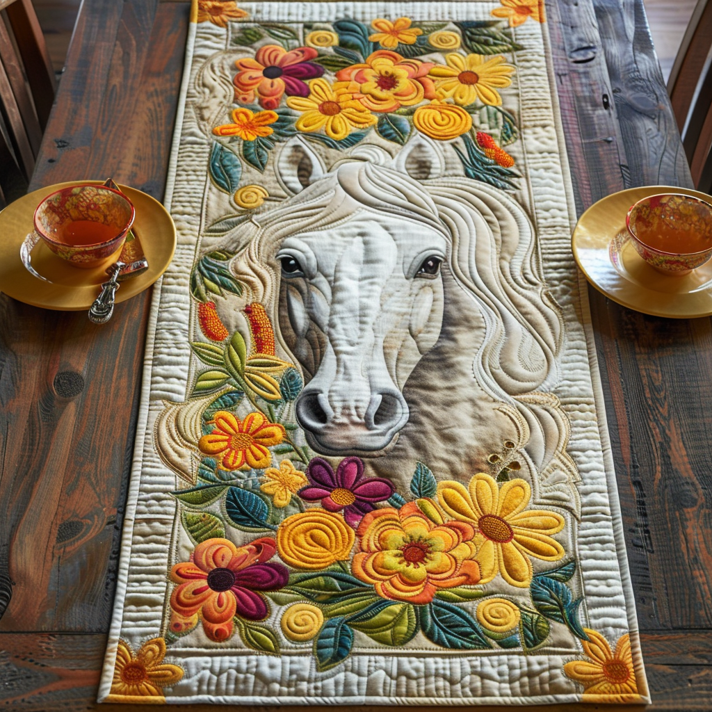 Floral Sunflower Horse Quilted Table Runner NCU0PD214