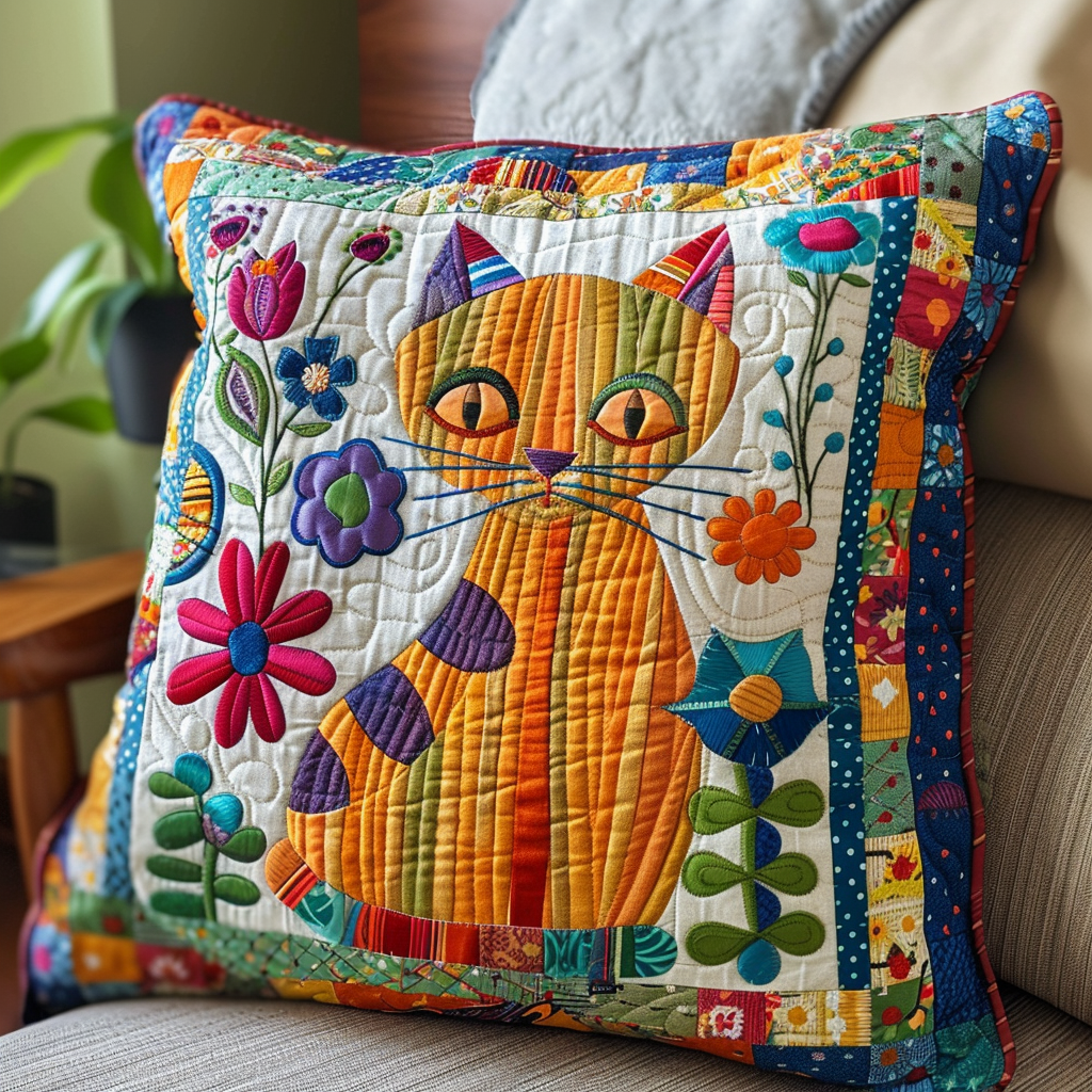 Floral Cat Parade Quilted Pillow Case NCU0PD359