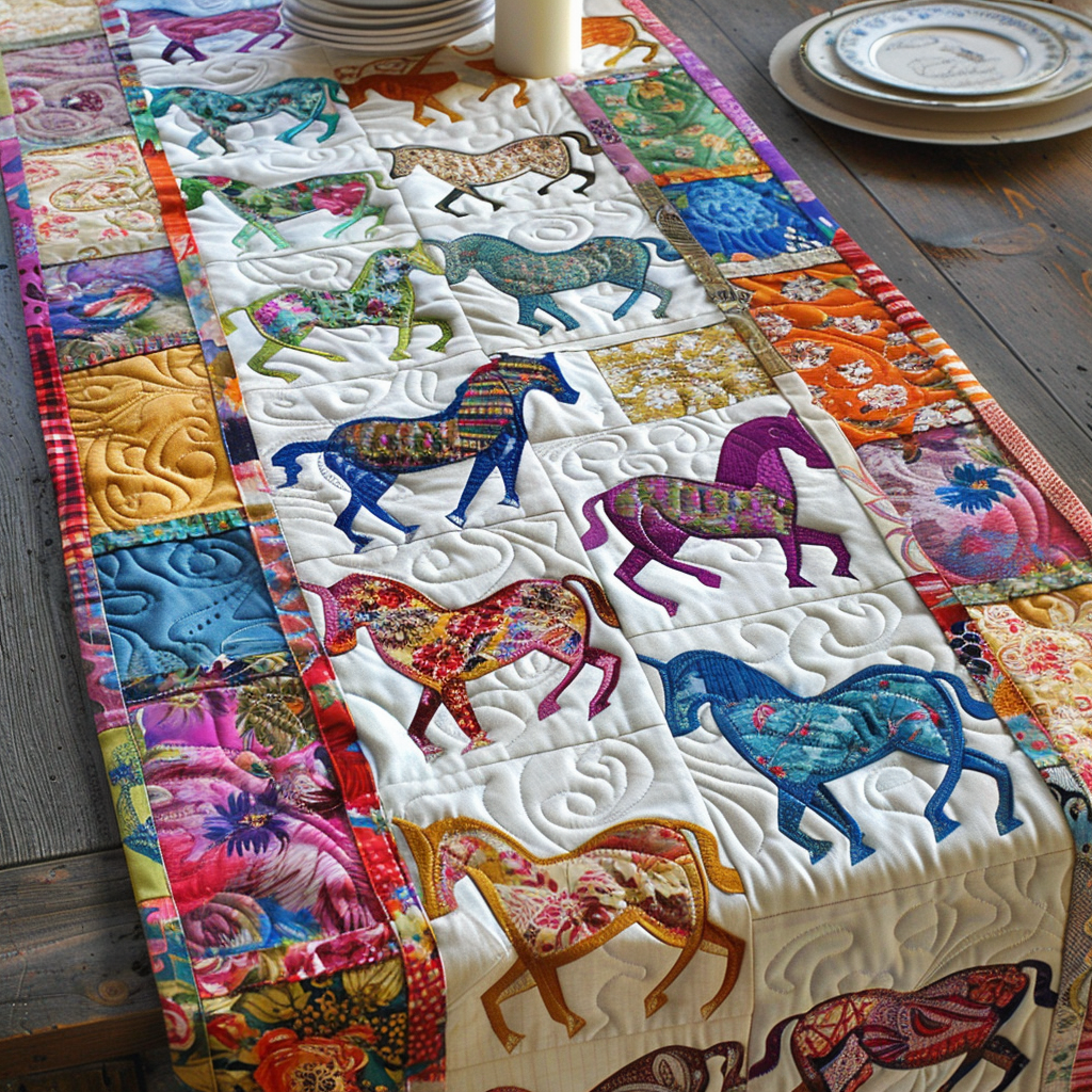 Floral Colorful Horse Quilted Table Runner NCU0PD299