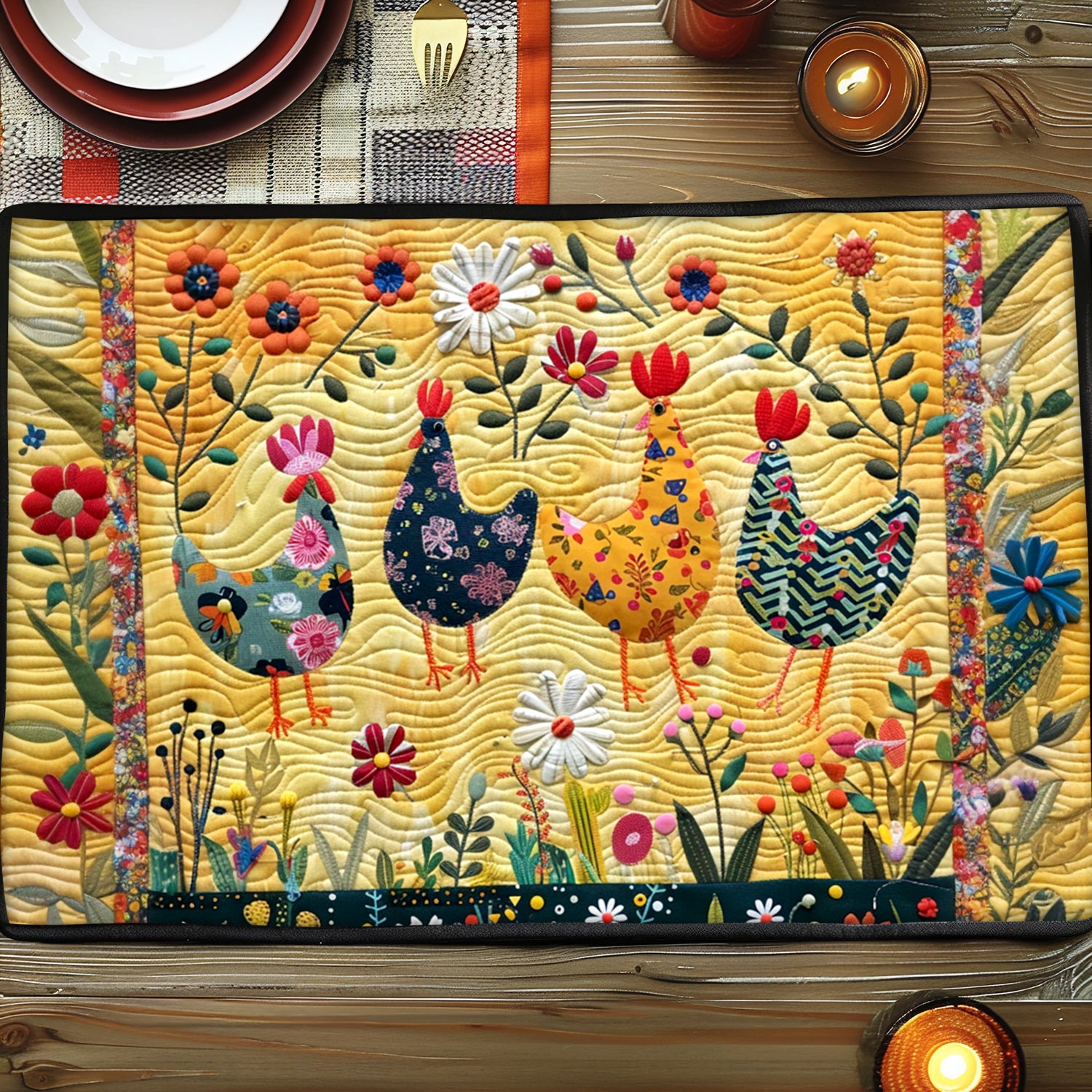 Floral Fantasy Chickens Quilted Place Mat NCU0TL228