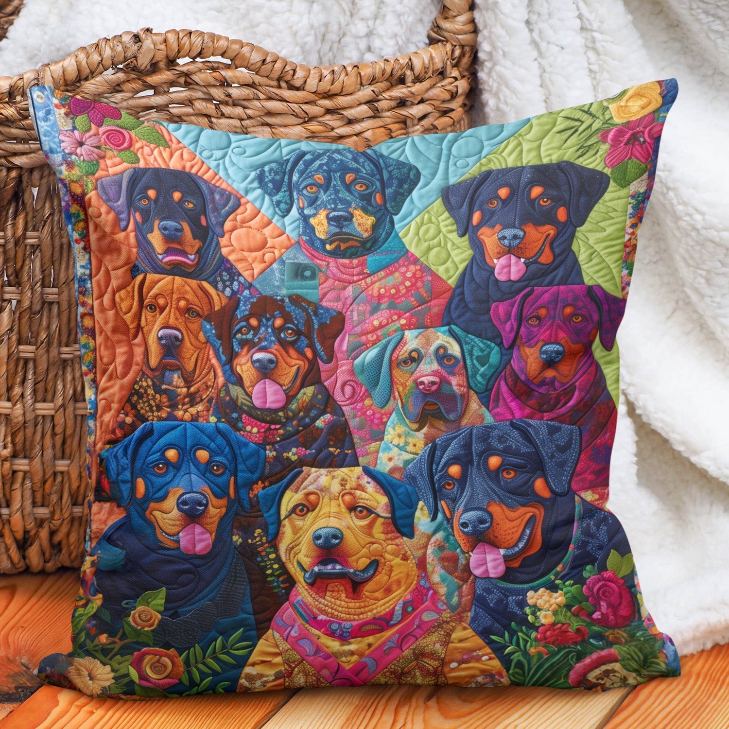 Floral Paws n Rottweiler Quilted Pillow Case NCU0PT418