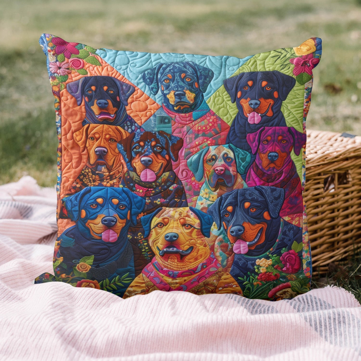 Floral Paws n Rottweiler Quilted Pillow Case NCU0PT418