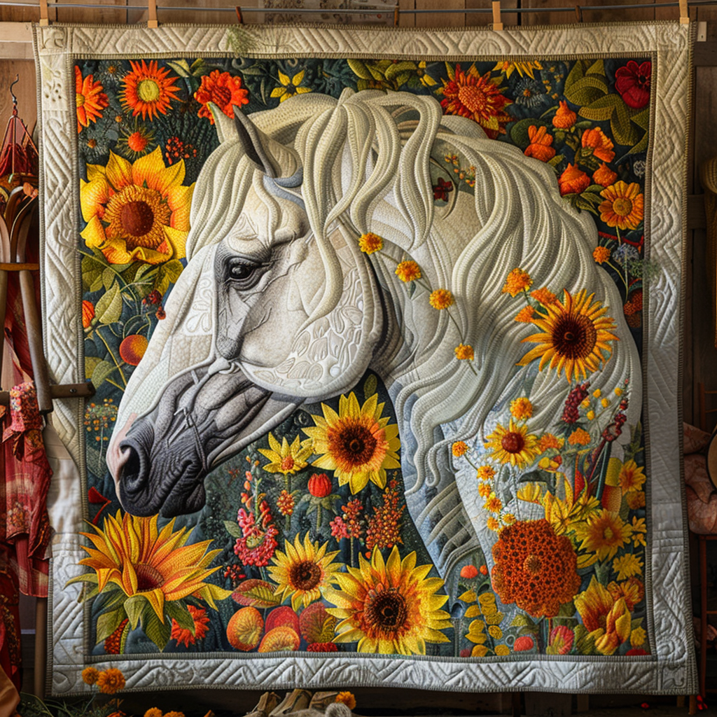 Floral Sunflower Horse Quilted Blanket NCU0PD187