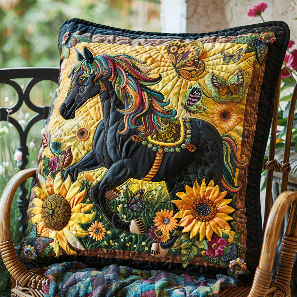 Floral Sunflower Horse Quilted Pillow Case NCU0PD227