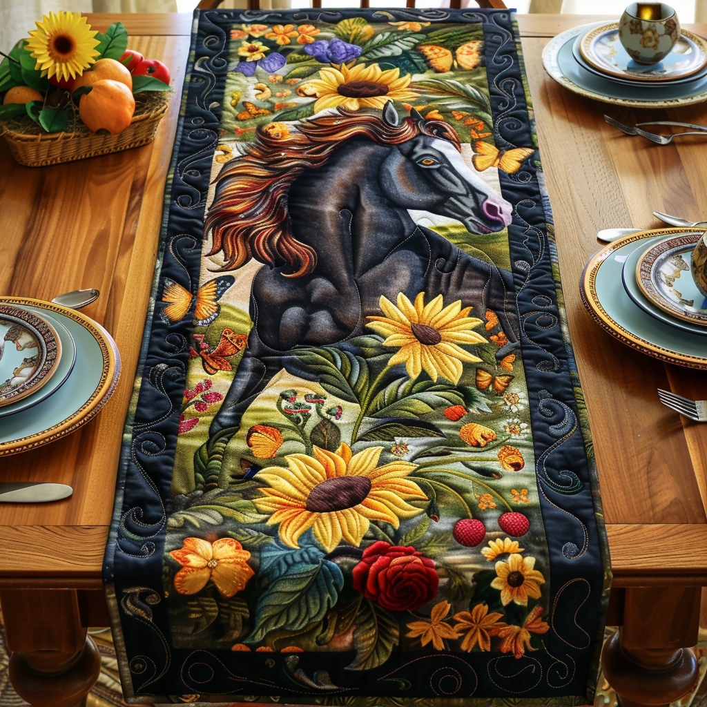 Floral Sunflower Horse Quilted Table Runner NCU0PD291