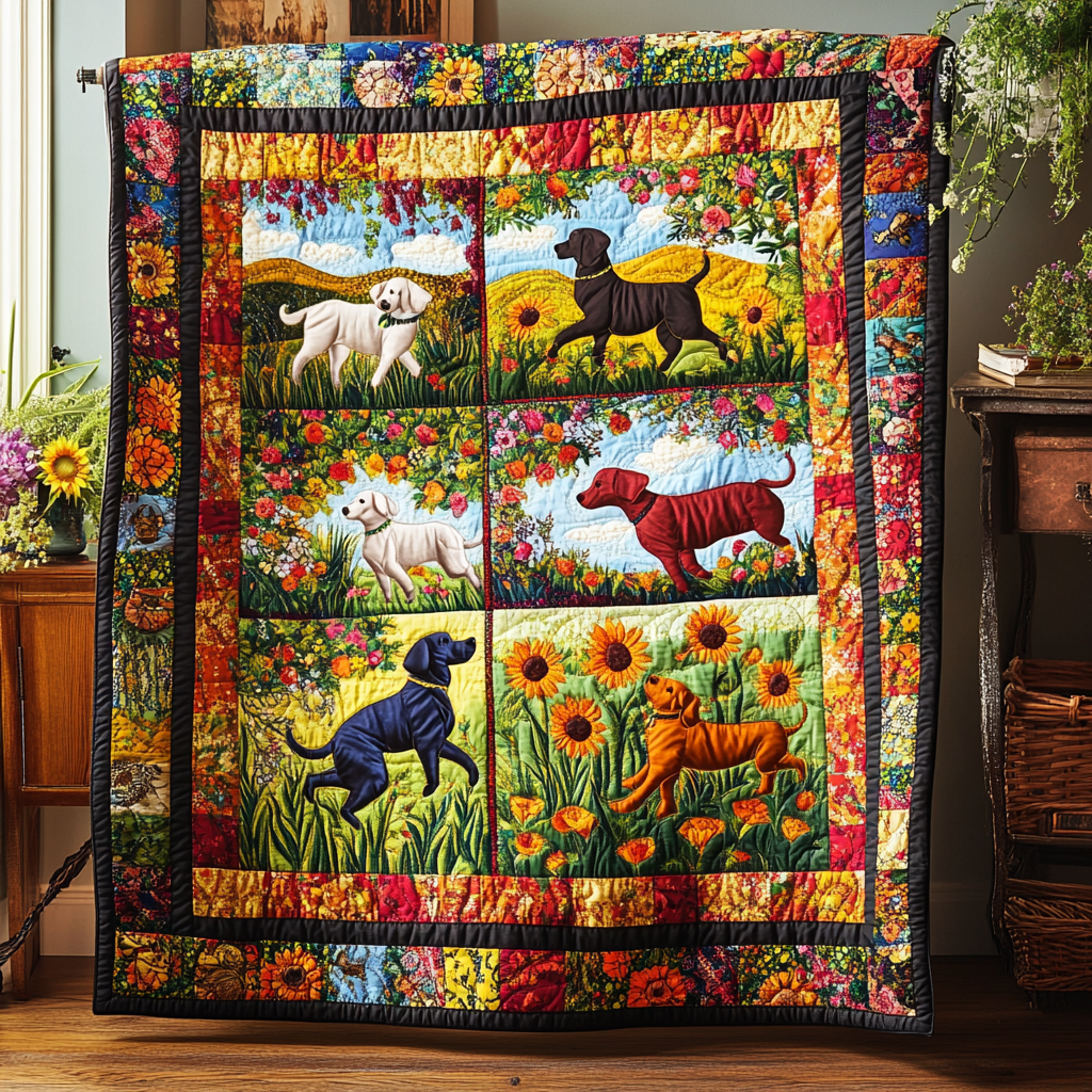 Floral Sunflower Labrador Quilted Blanket NCU0PD476