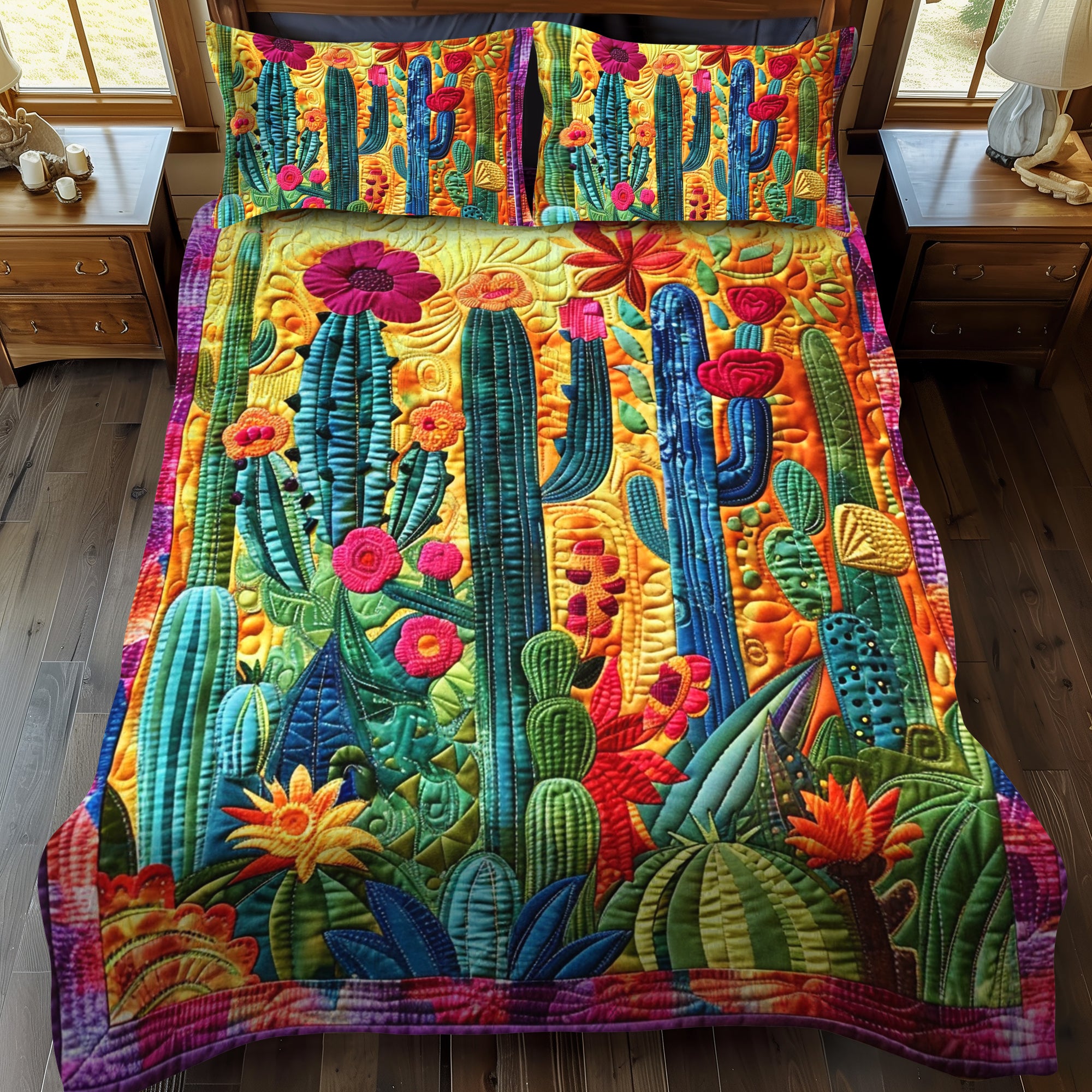 Flowering Cactus 3-Piece Quilted Bedding Set NCU0PD051