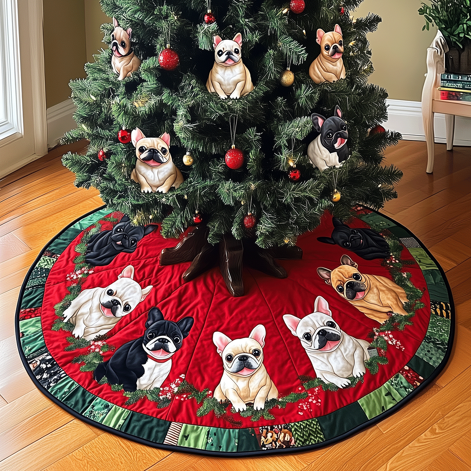 Frenchie Festive Fun Quilted Christmas Tree Skirt NCU0TH2001