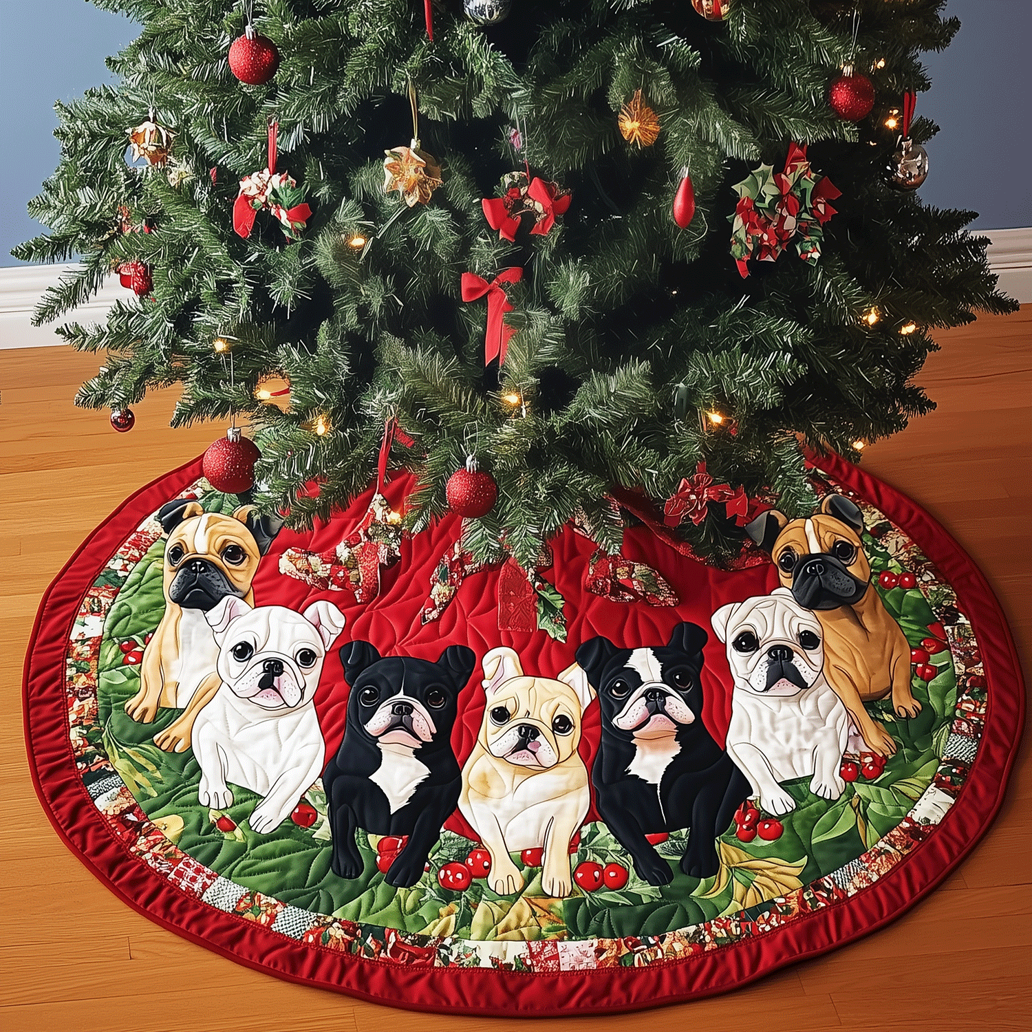 Frenchie Holiday Spirit Quilted Christmas Tree Skirt NCU0TH1999