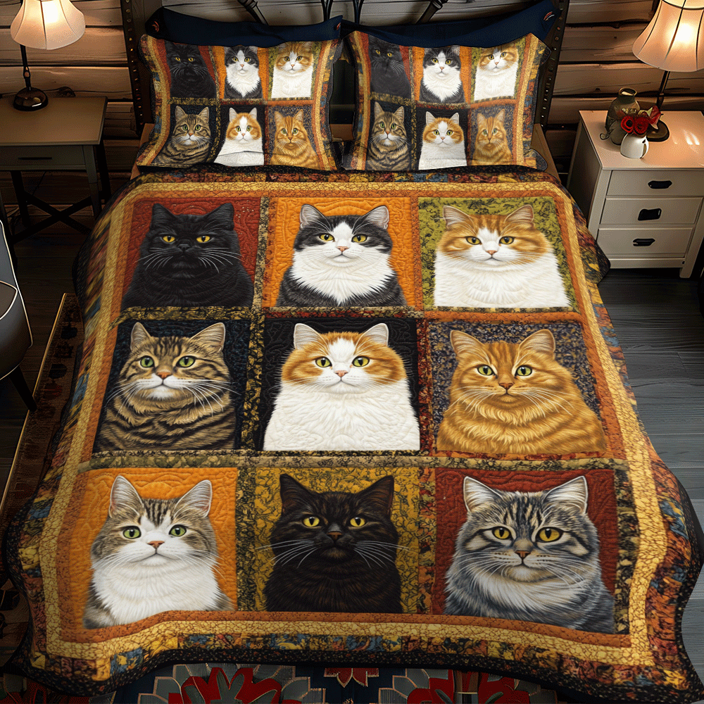 Funny Cat Patchwork 3-Piece Quilted Bedding Set NCU0PD620