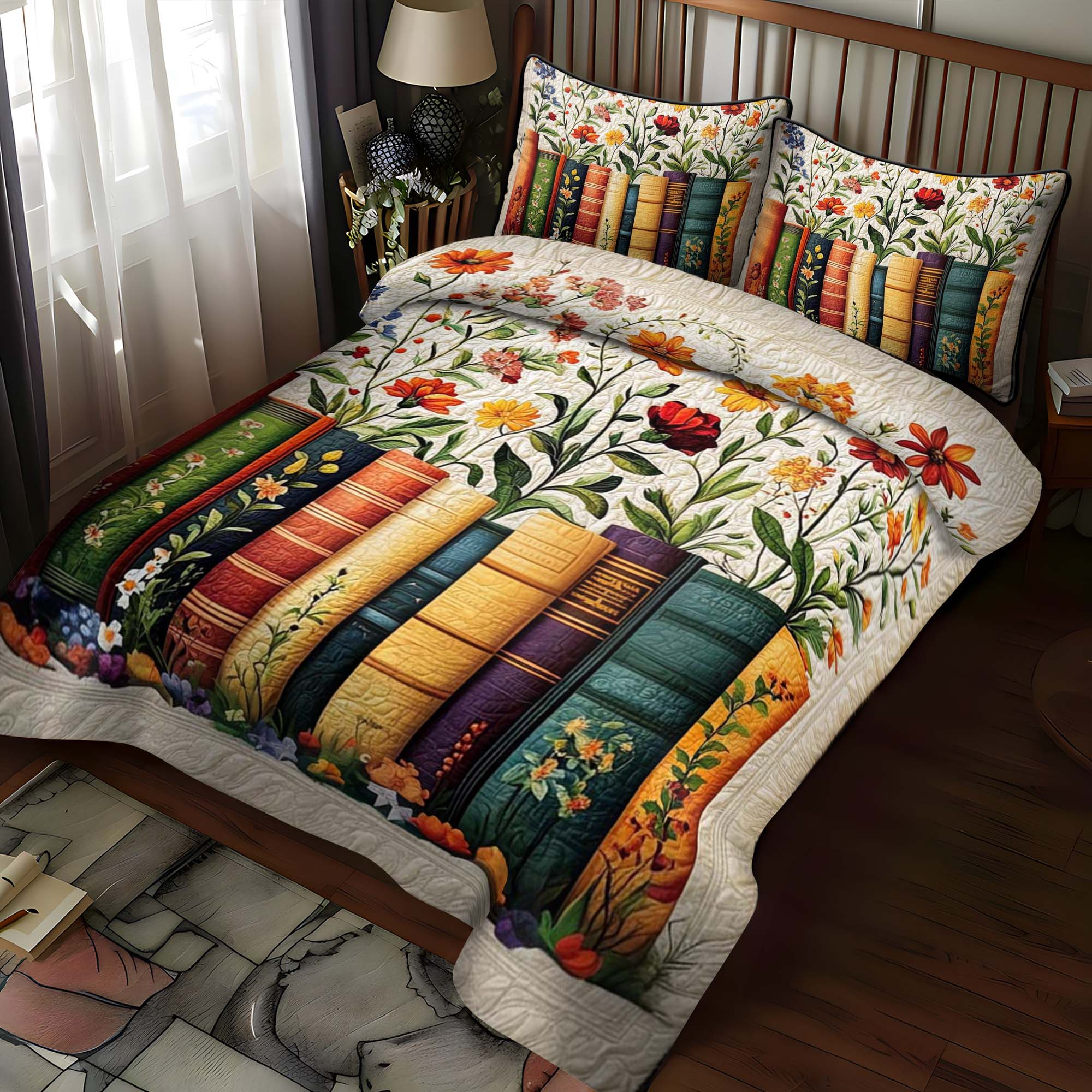 Garden Of Books 3-Piece Quilted Bedding Set NCU0NT1066