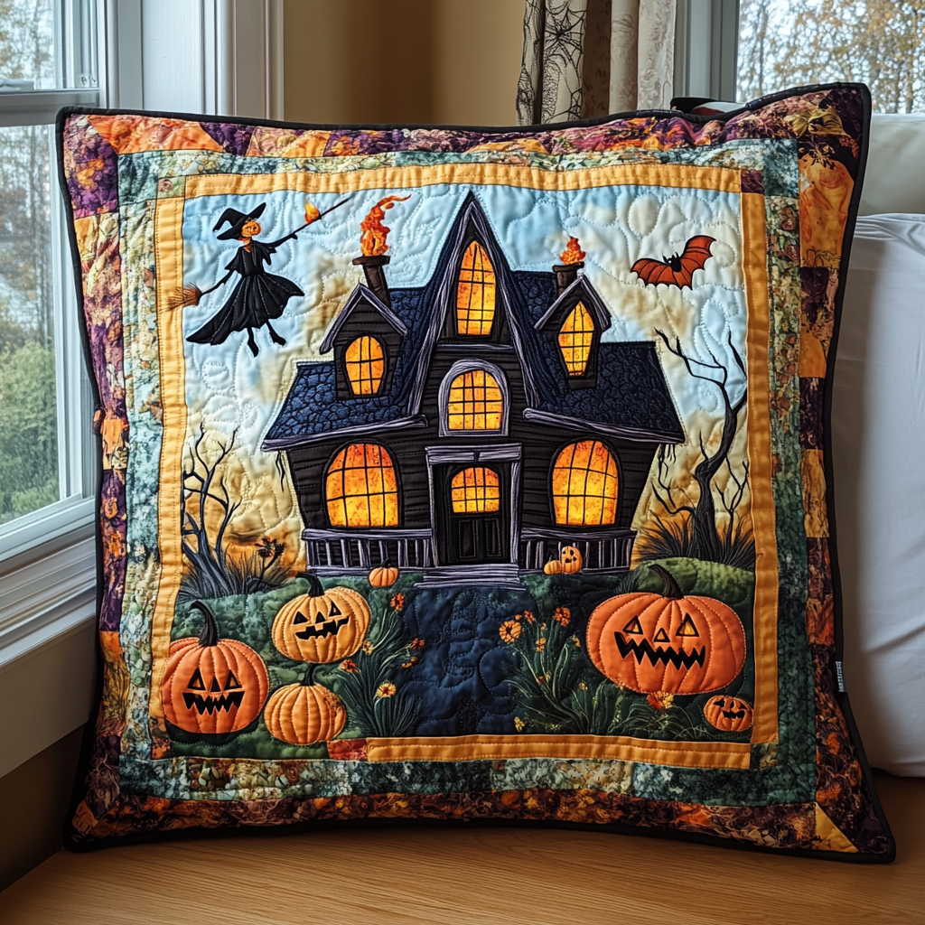 Ghostly House Halloween Quilted Pillow Case NCU0PD674