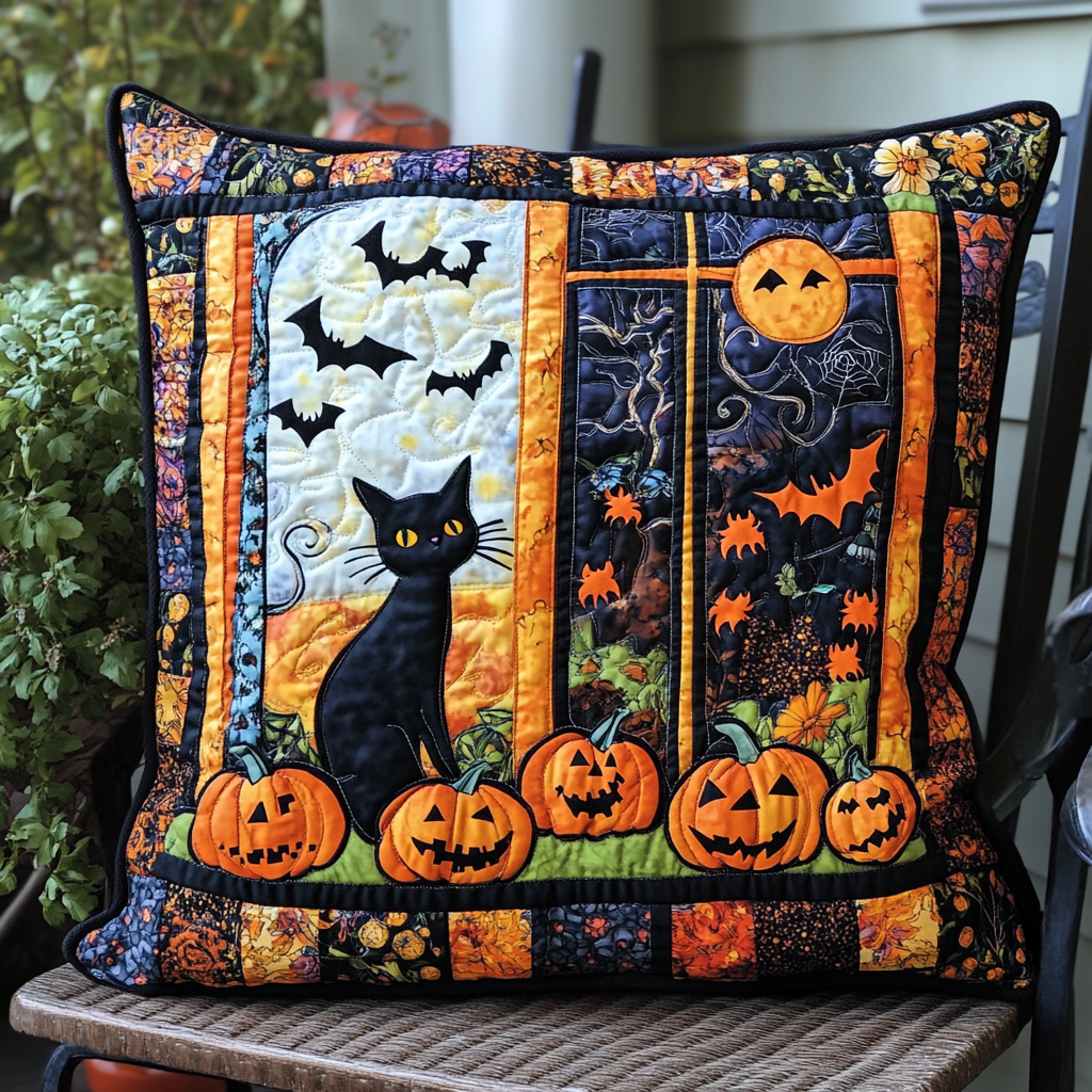 Ghoulish Black Cat Halloween Quilted Pillow Case NCU0PD667