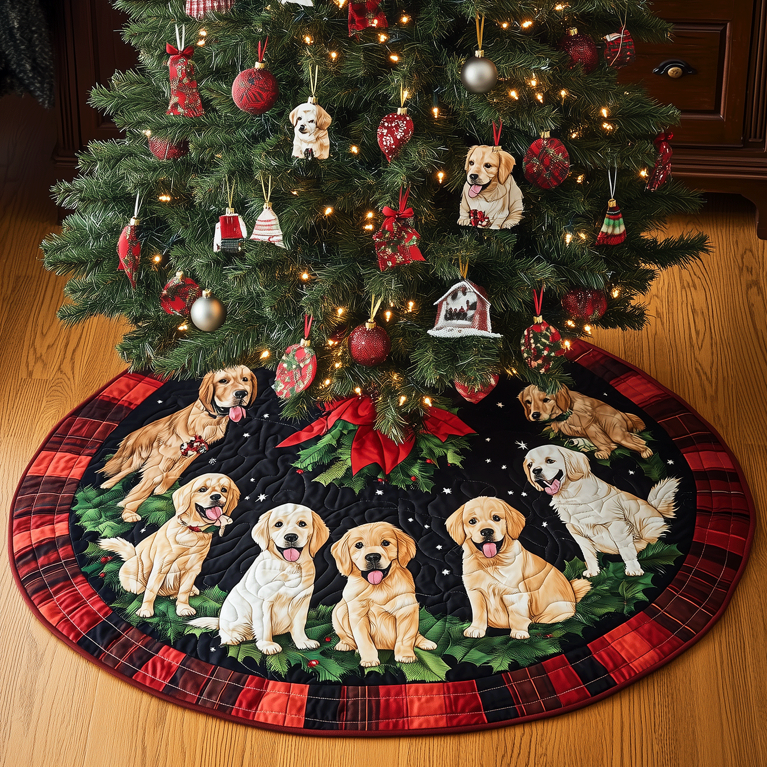 Golden Festive Fun Quilted Christmas Tree Skirt NCU0TH2004