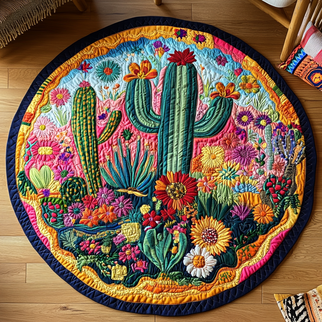 Green Succulent Sanctuary Quilted Round Mat NCU0PD890