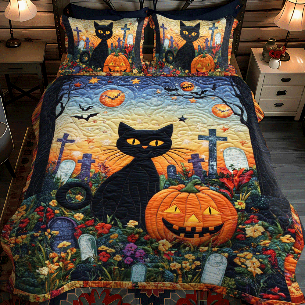 Halloween Black Cat 3-Piece Quilted Bedding Set NCU0PD633