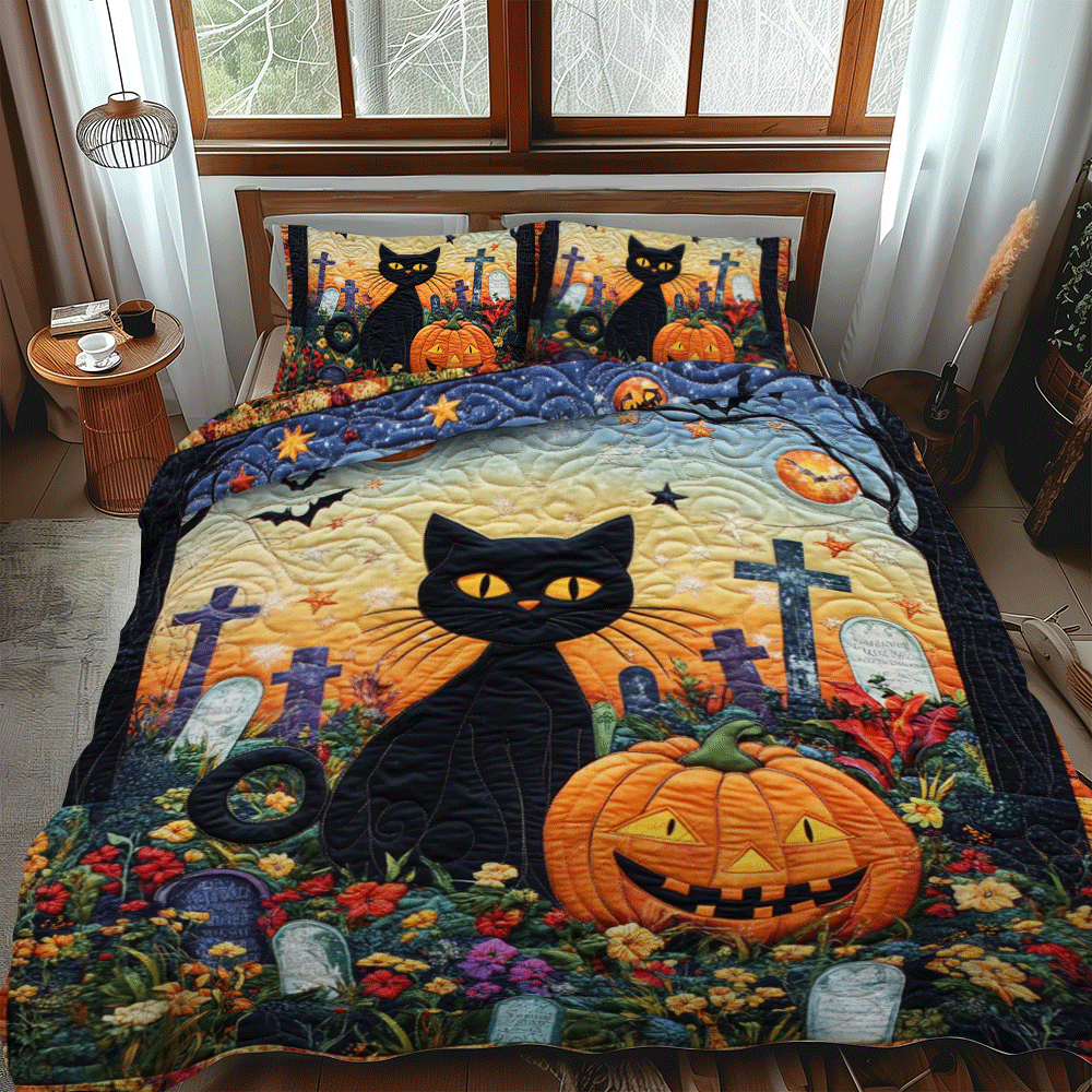 Halloween Black Cat 3-Piece Quilted Bedding Set NCU0PD633