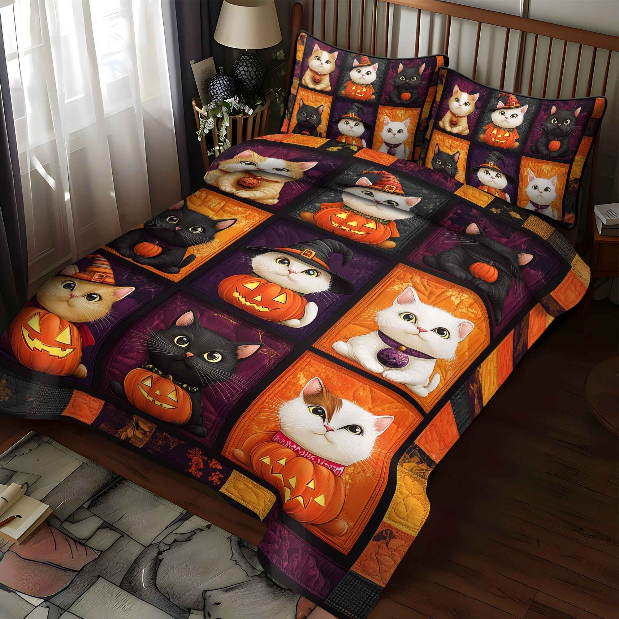 Halloween Cat 3-Piece Quilted Bedding Set NCU0TL1166