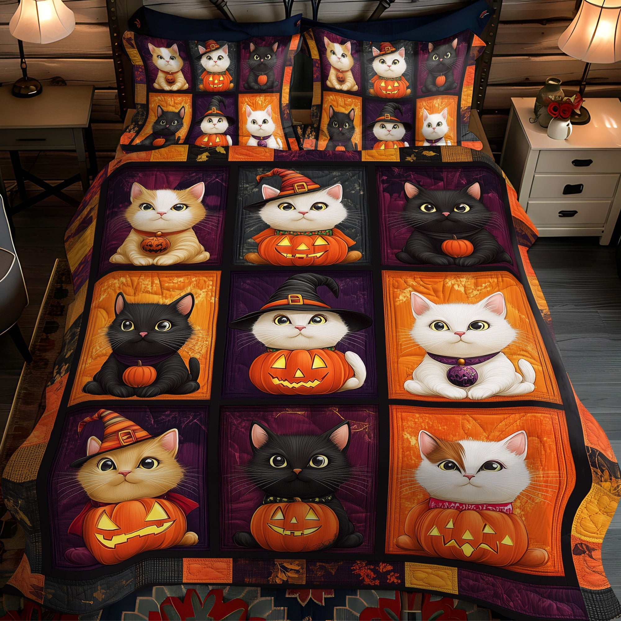 Halloween Cat 3-Piece Quilted Bedding Set NCU0TL1166