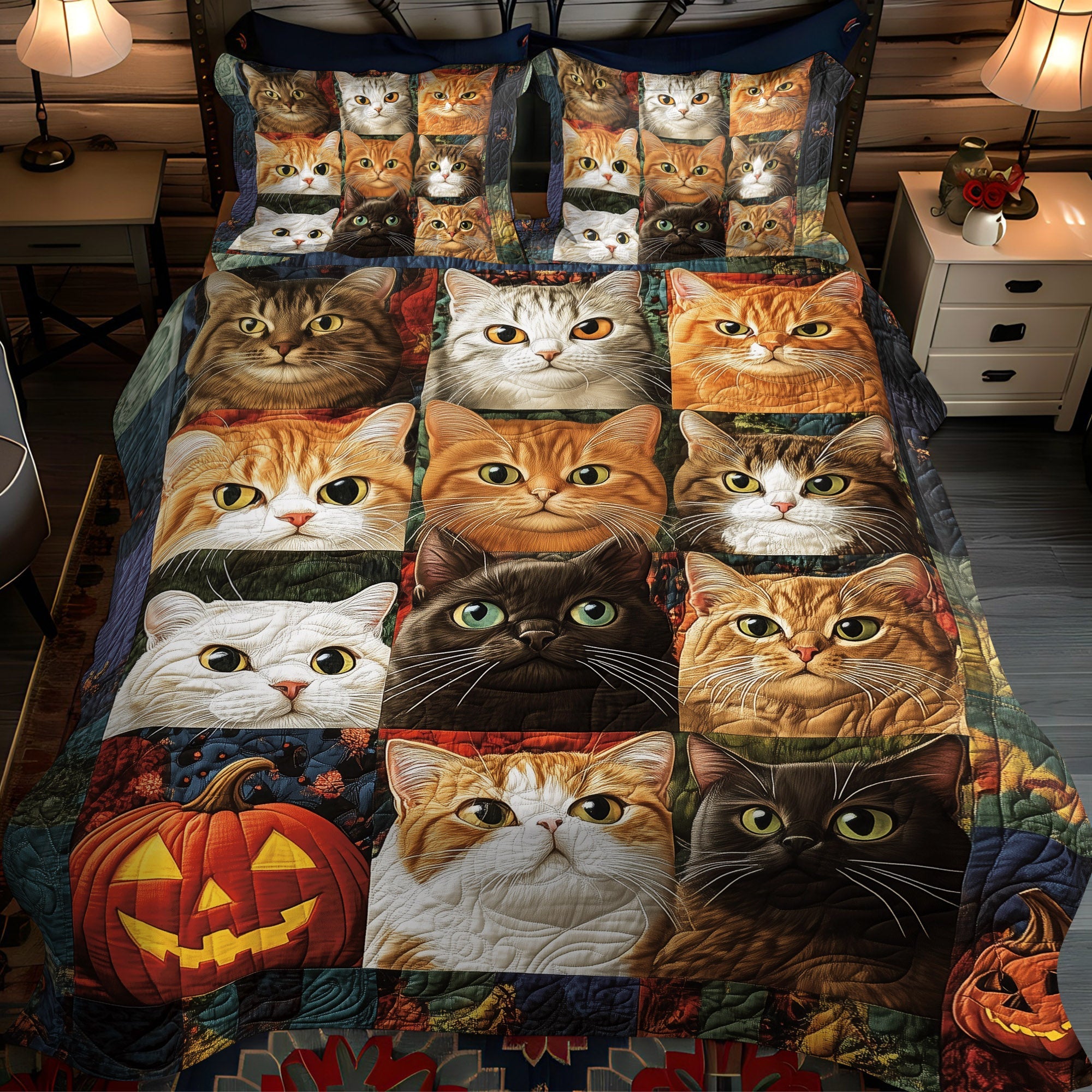 Halloween Feline 3-Piece Quilted Bedding Set NCU0TL1170