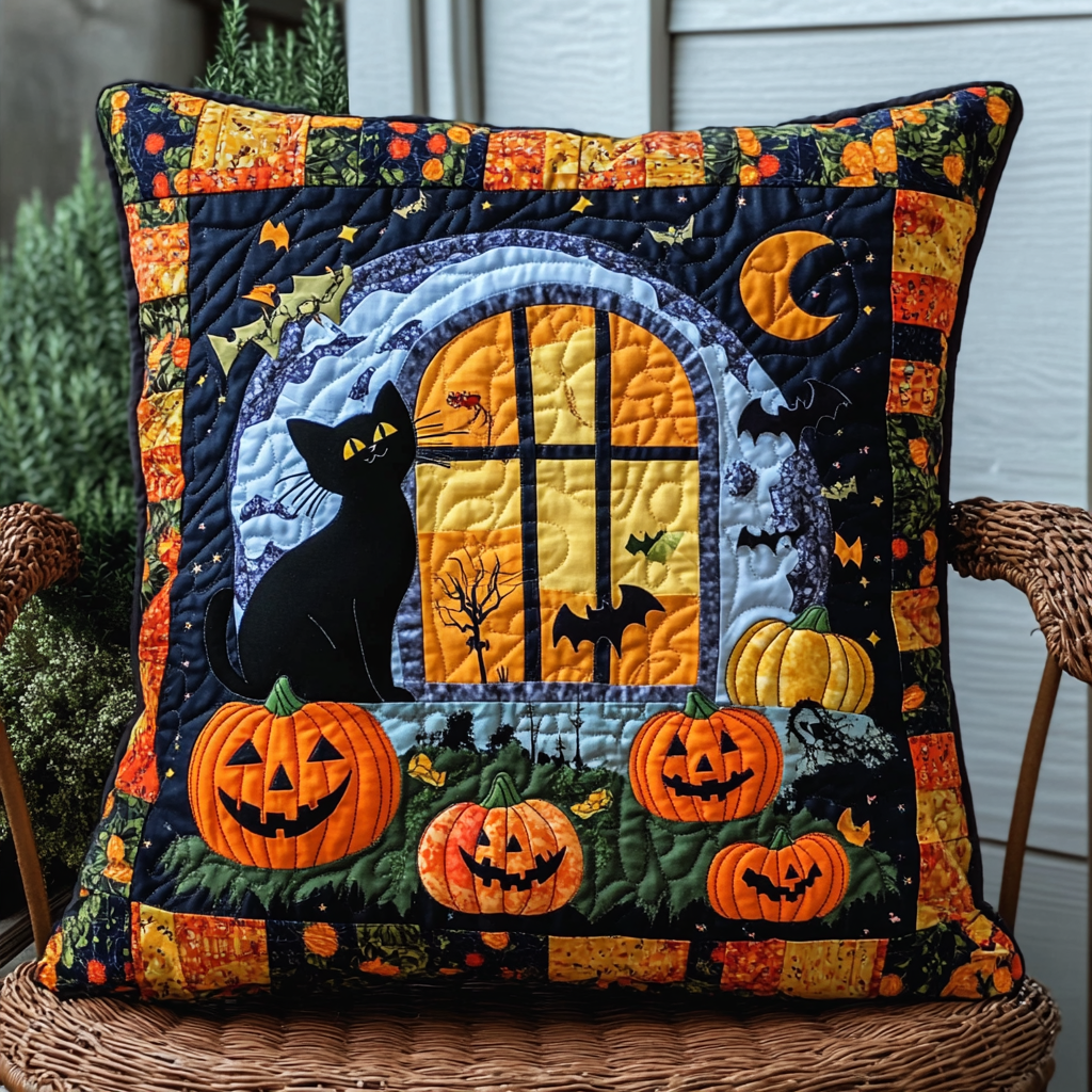 Halloween Festive Black Cat Quilted Pillow Case NCU0PD668