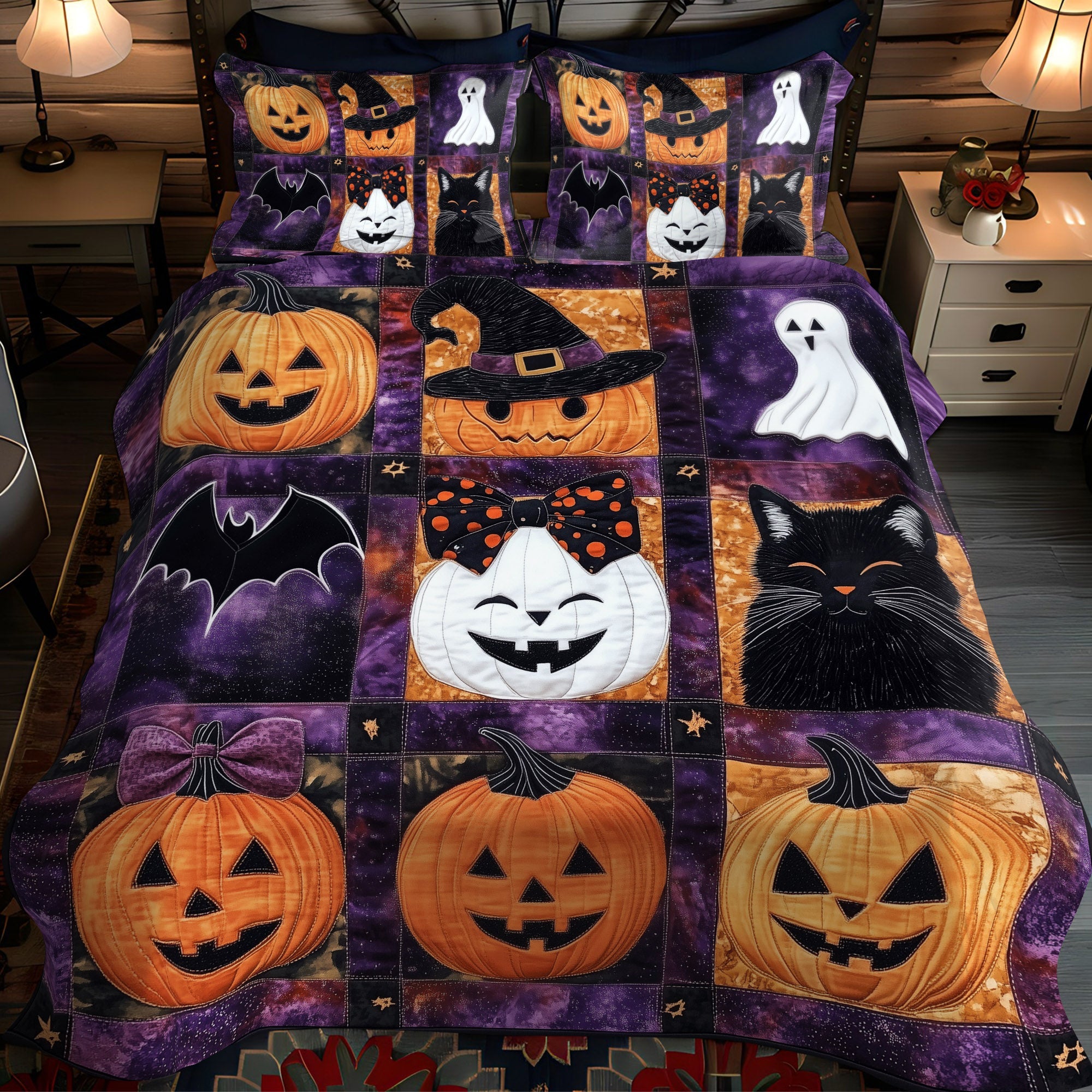 Halloween Night Purr 3-Piece Quilted Bedding Set NCU0TL1233