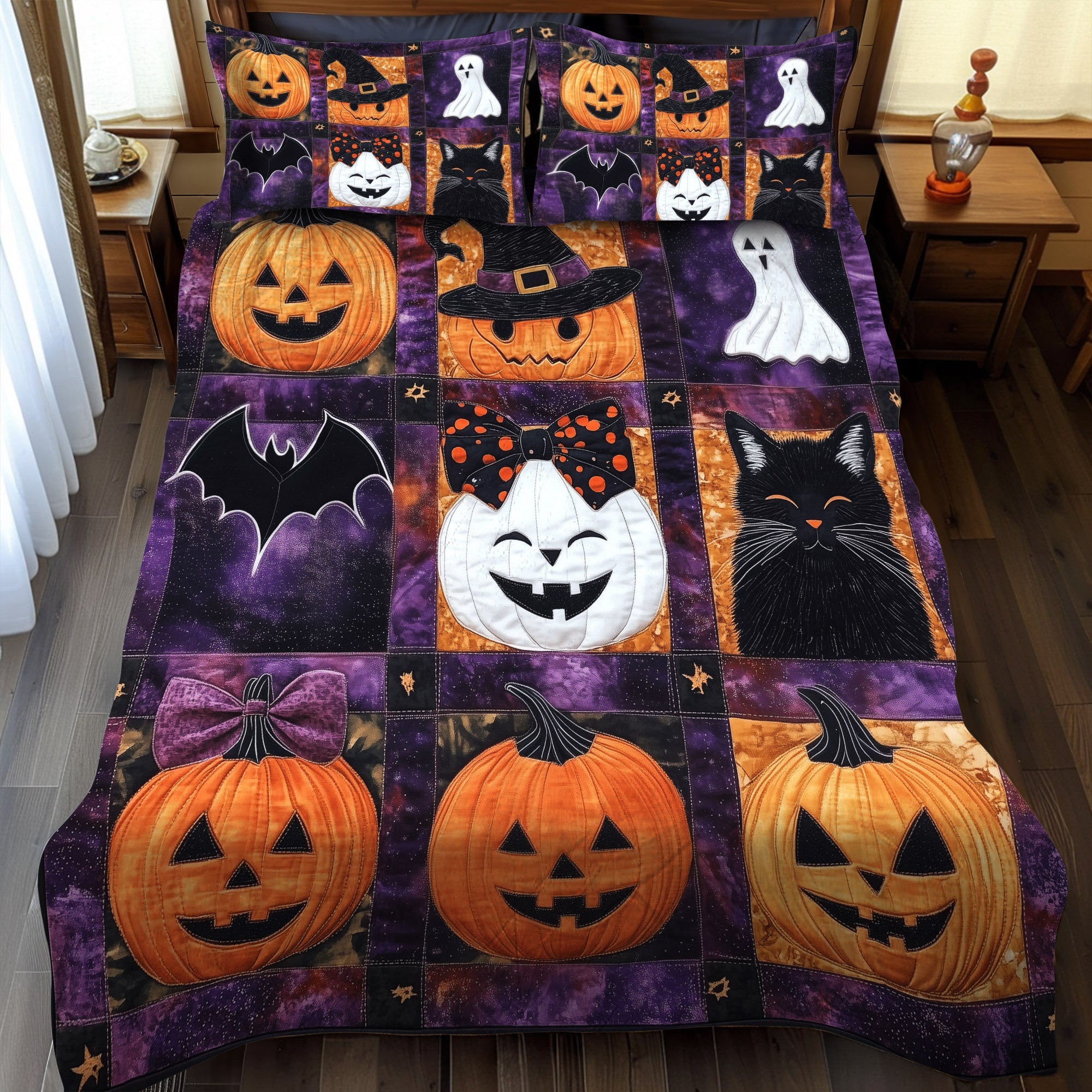 Halloween Night Purr 3-Piece Quilted Bedding Set NCU0TL1233