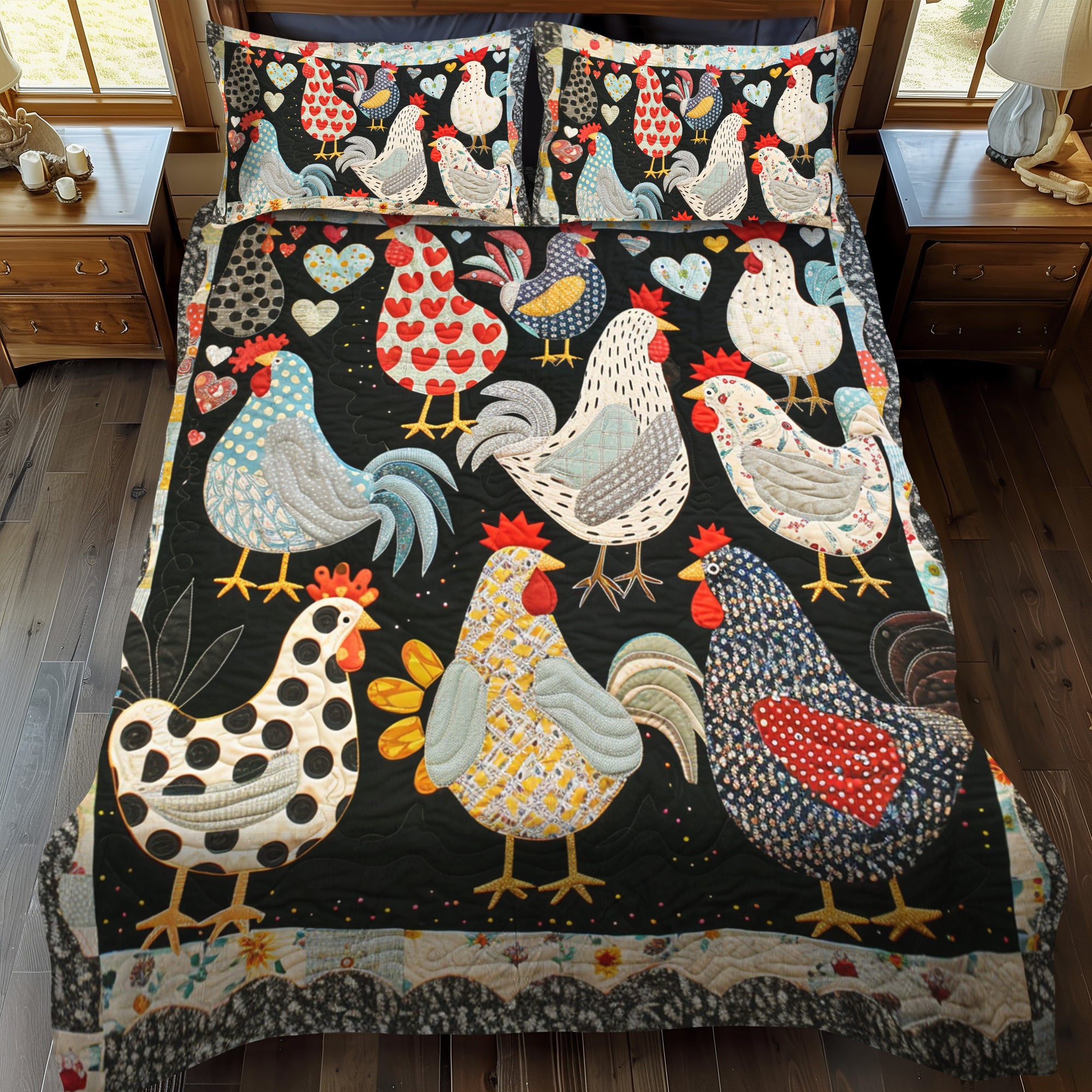 Heart Chickens 3-Piece Quilted Bedding Set NCU0TH844