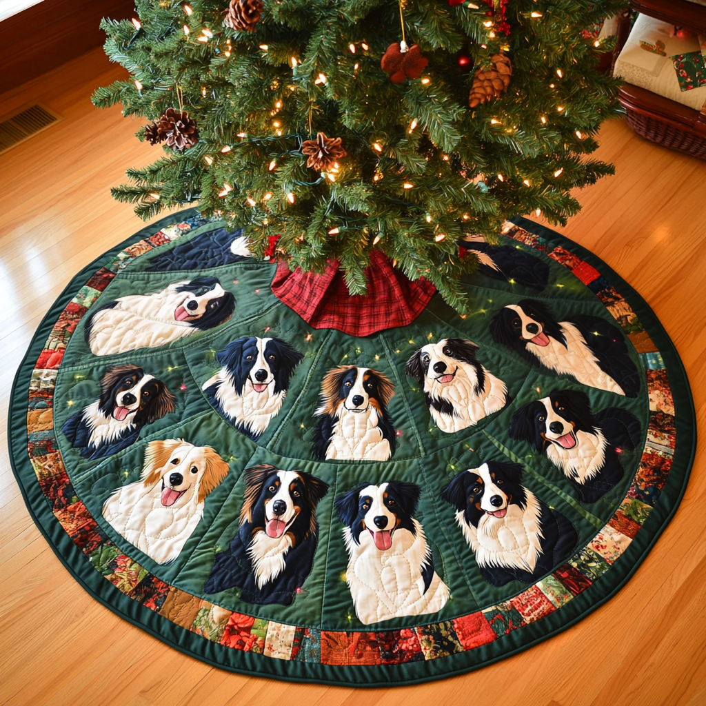 Holiday Border Collies Christmas Quilted Tree Skirt NCU0VL727