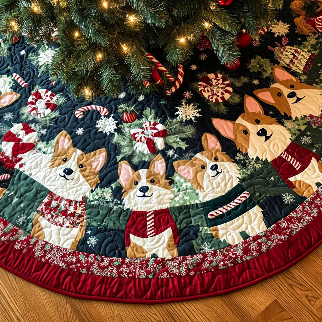 Holiday Corgi Gathering Quilted Christmas Tree Skirt NCU0PT1476