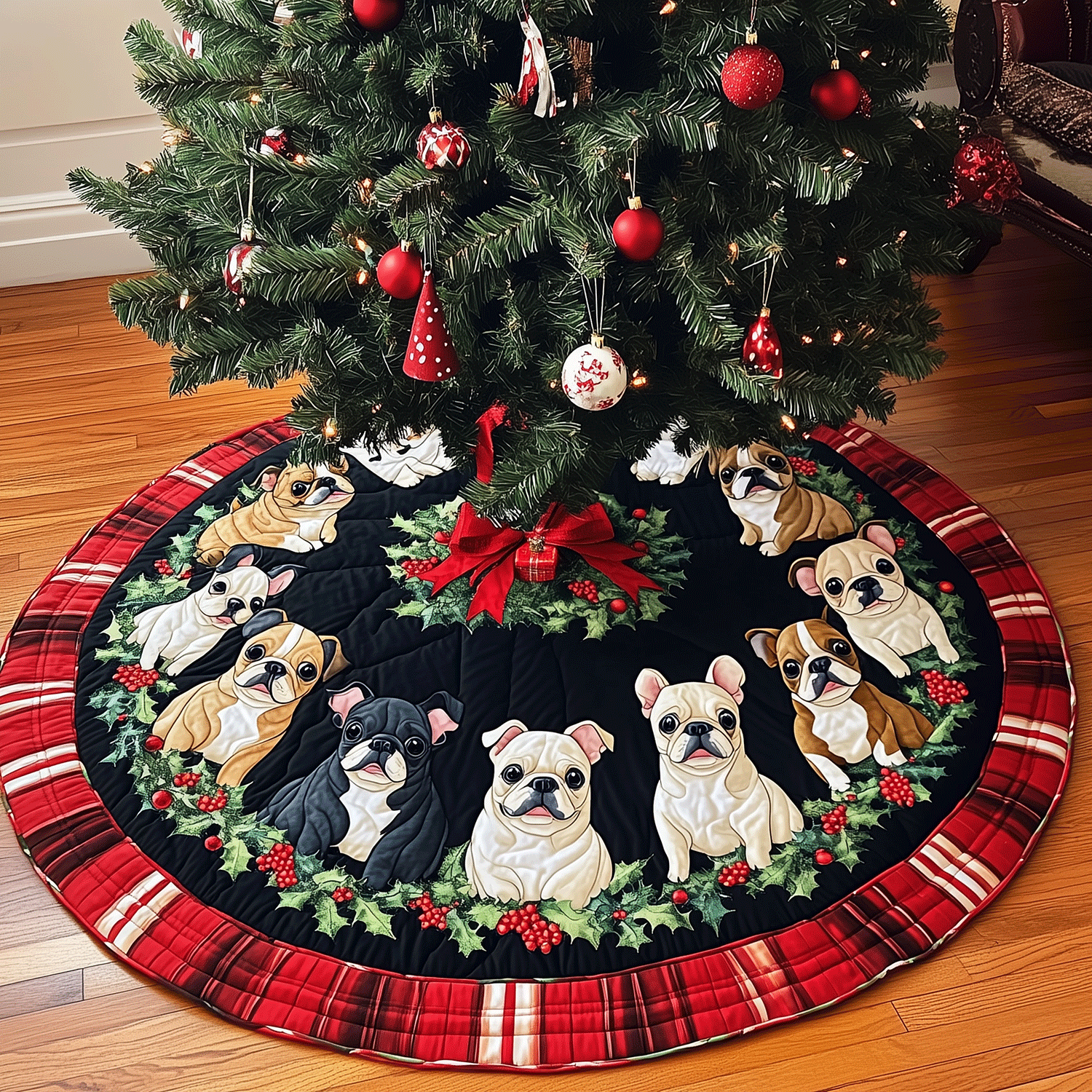 Holiday Frenchies Quilted Christmas Tree Skirt NCU0TH1996