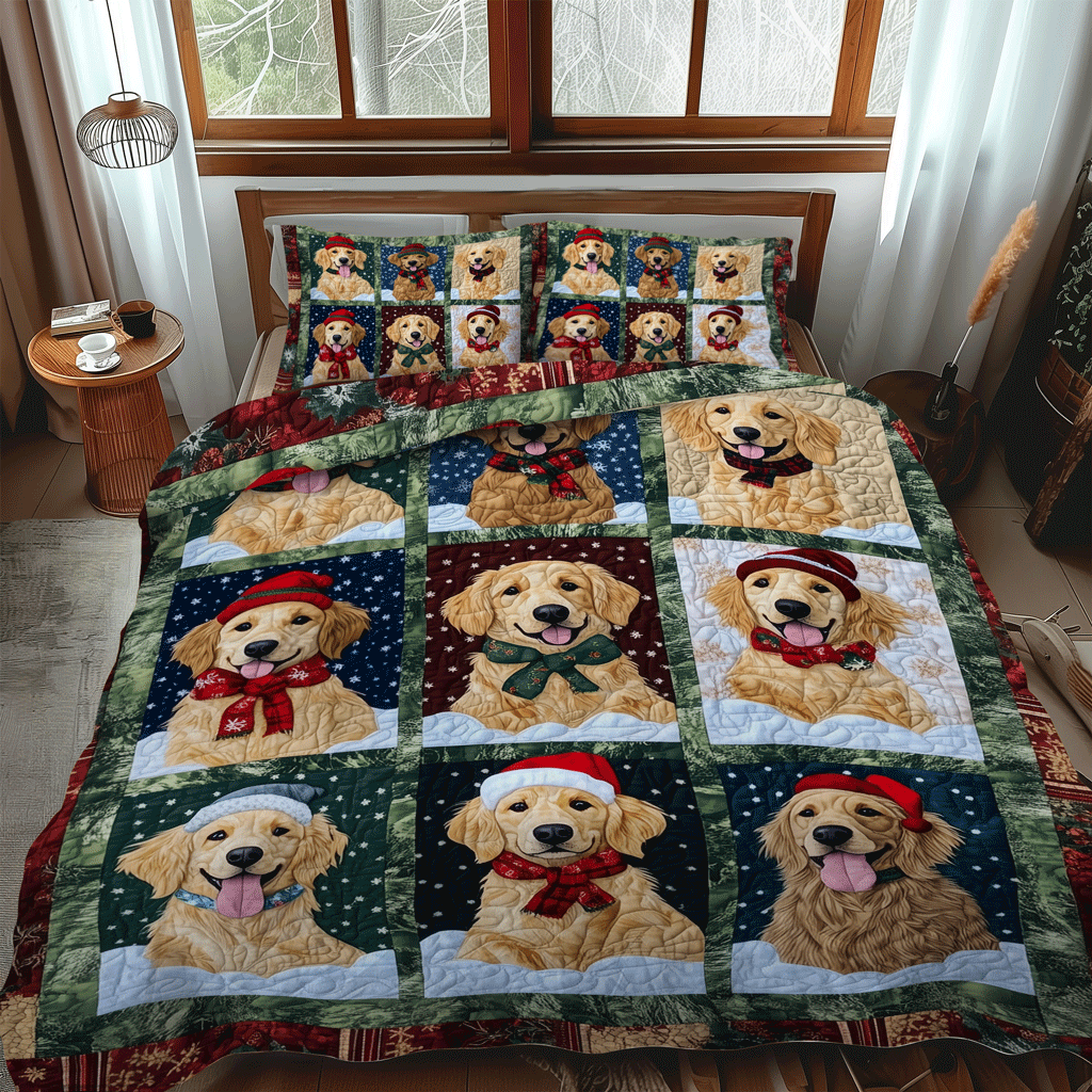 Holiday Golden Pups 3-Piece Quilted Bedding Set NCU0TH1633