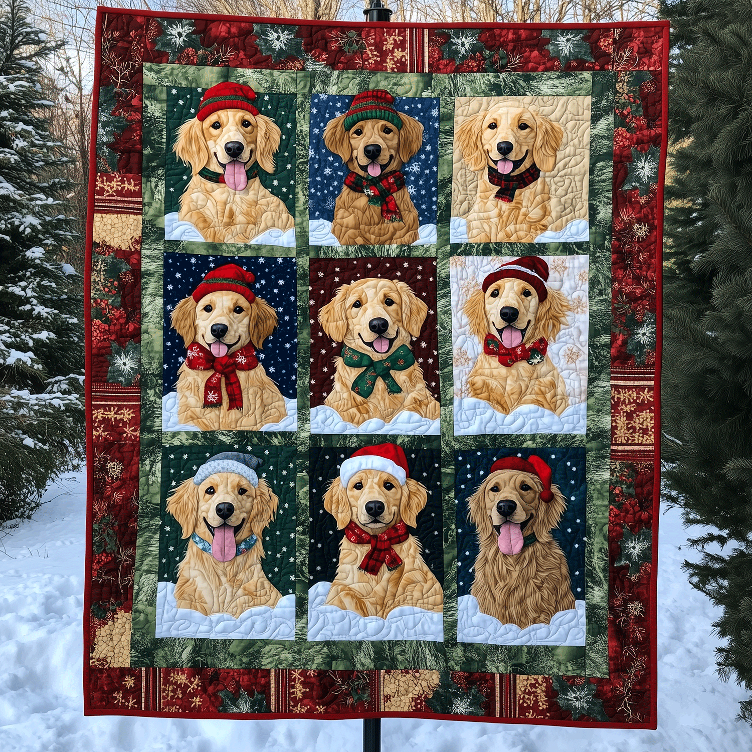 Holiday Golden Pups Art Quilt Hanging NCU0TH1601