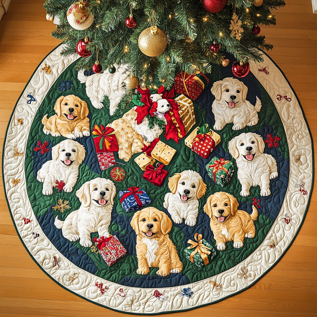 Holly Jolly Golden Chritstmas Quilted Tree Skirt NCU0DV1346