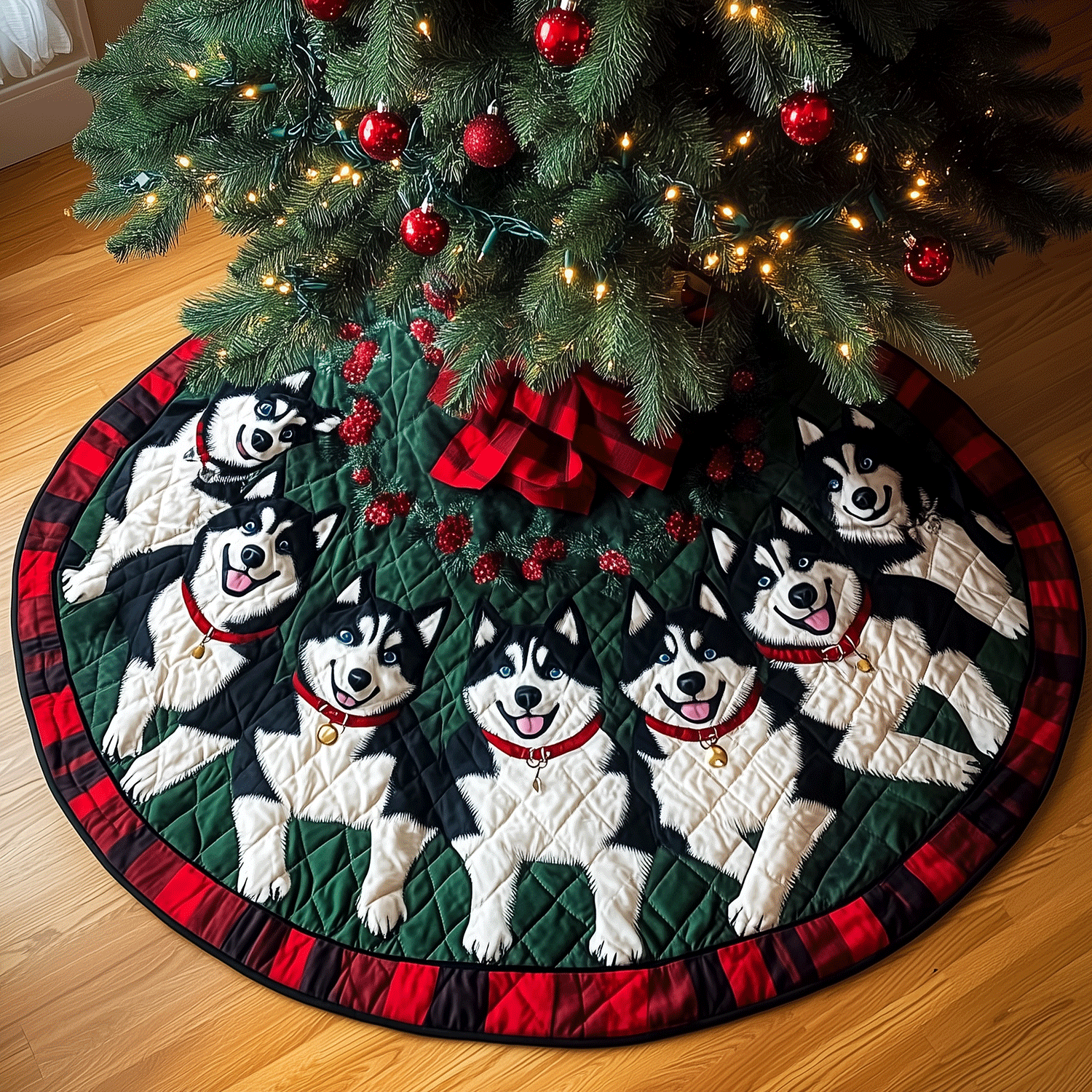 Howling Holiday Huskies Quilted Christmas Tree Skirt NCU0TH2032