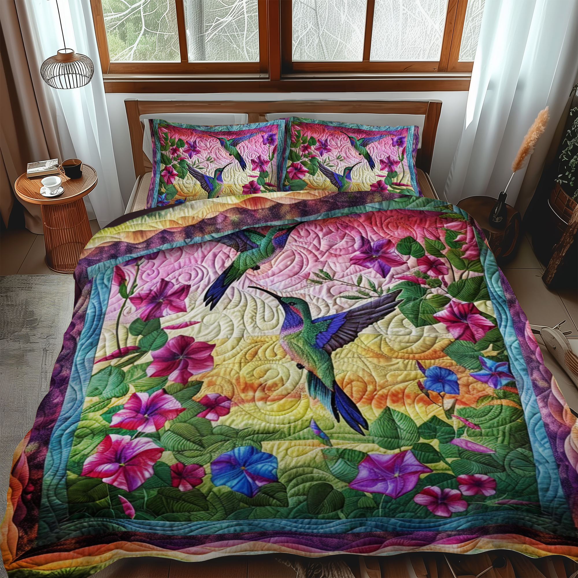 Hummingbird With Sunset 3-Piece Quilted Bedding Set NCU0PT027