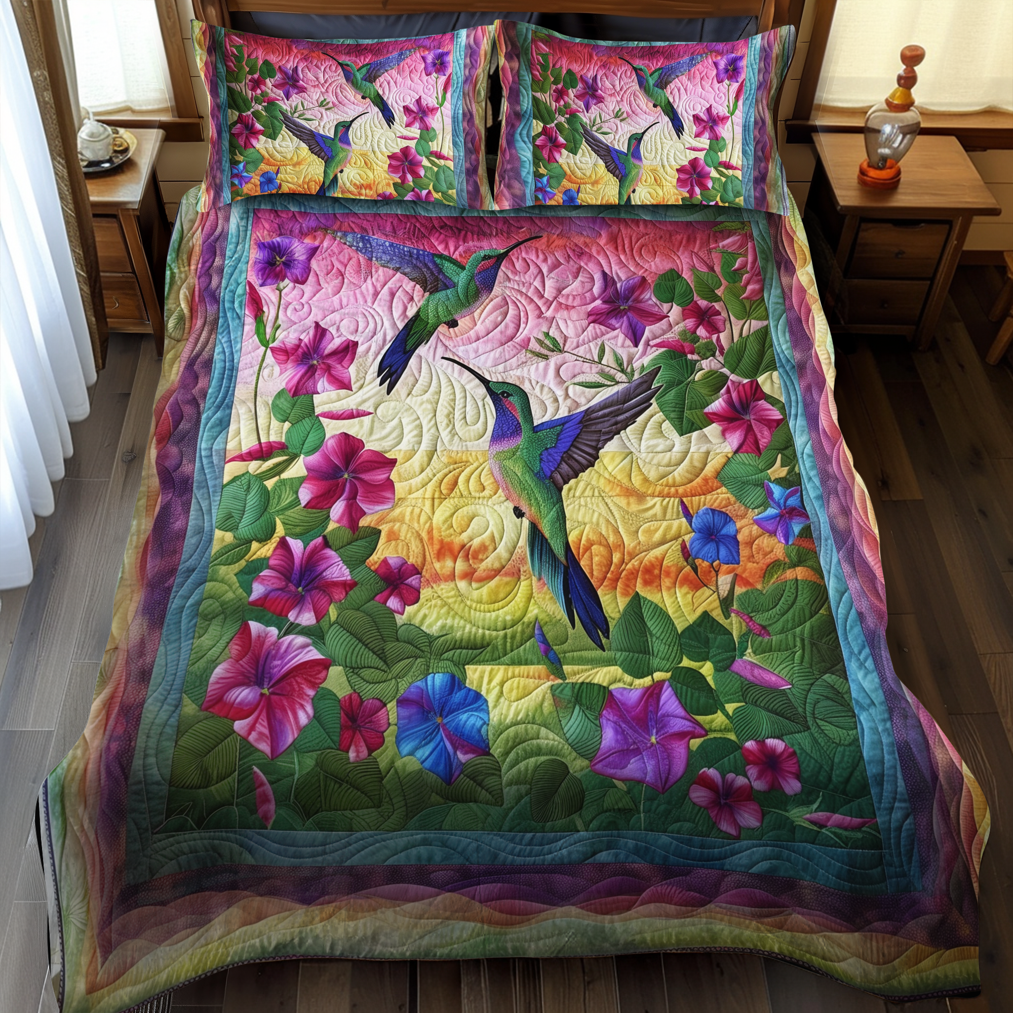 Hummingbird With Sunset 3-Piece Quilted Bedding Set NCU0PT027