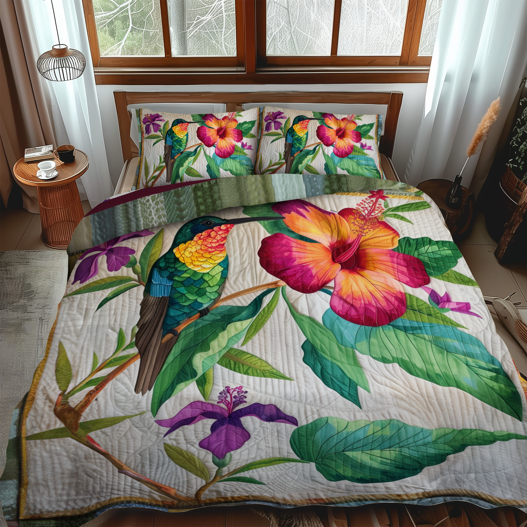 Hummingbird With Tropical Hibiscus 3-Piece Quilted Bedding Set NCU0PT023