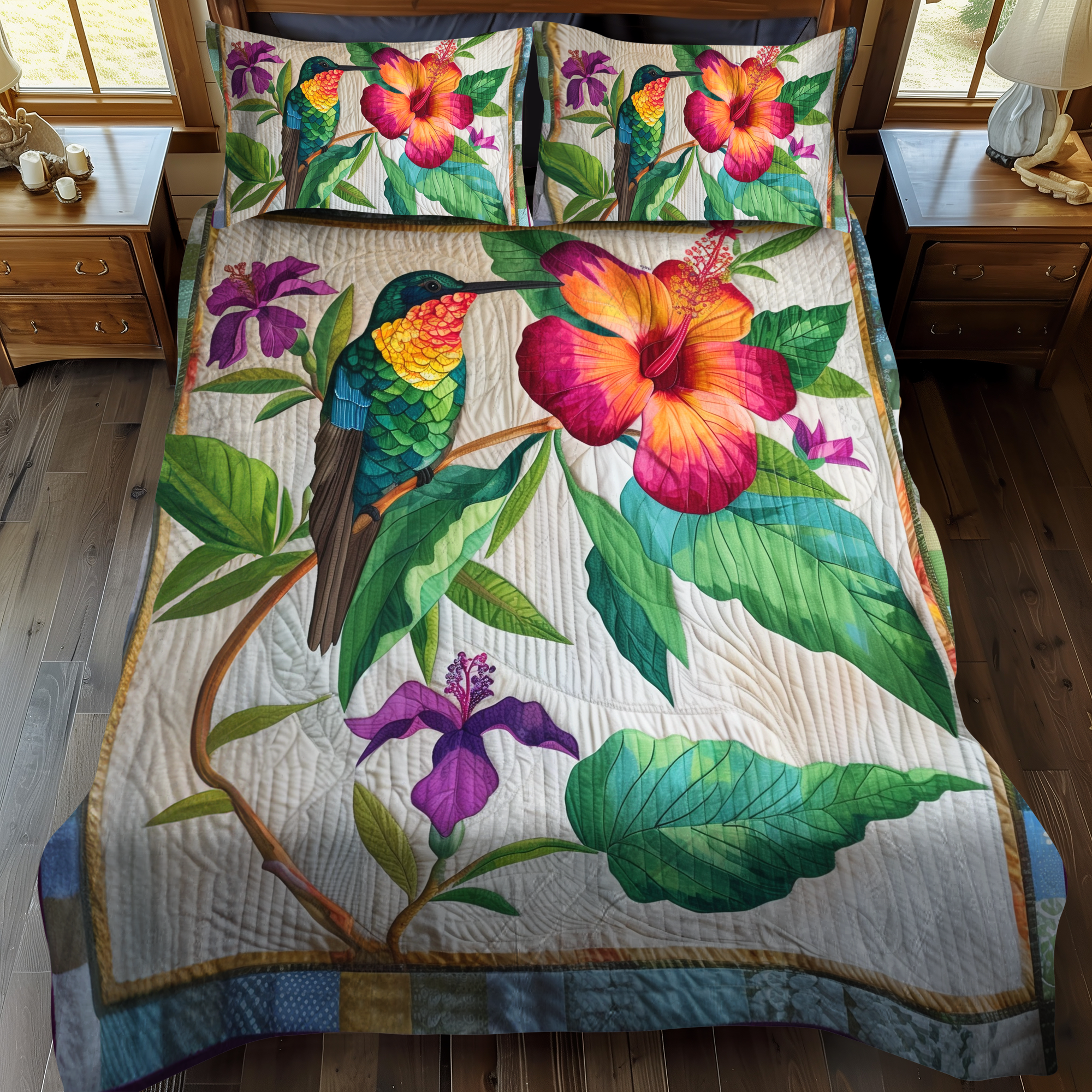 Hummingbird With Tropical Hibiscus 3-Piece Quilted Bedding Set NCU0PT023