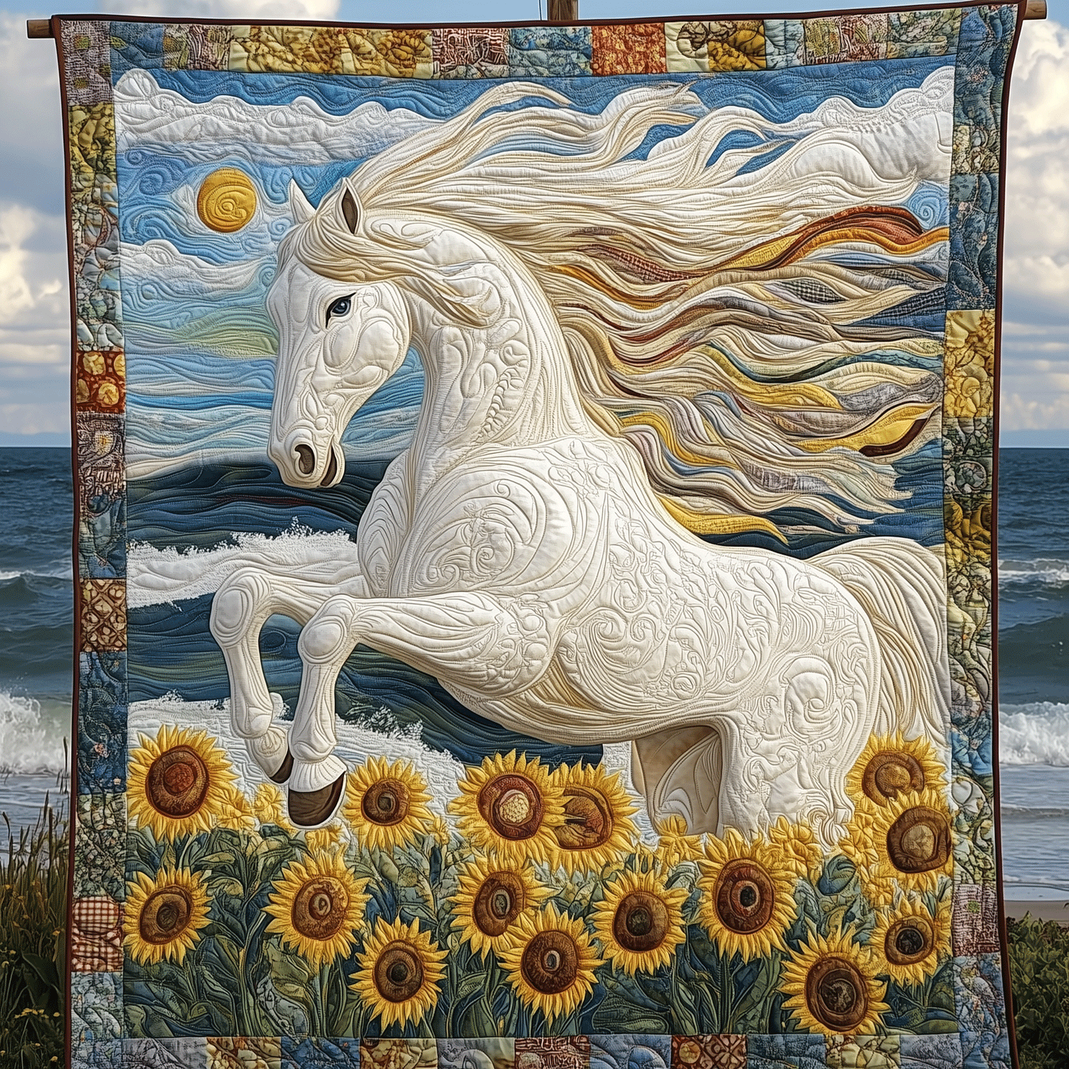 Ivory Stallion Art Quilt Hanging NCU0TH1695