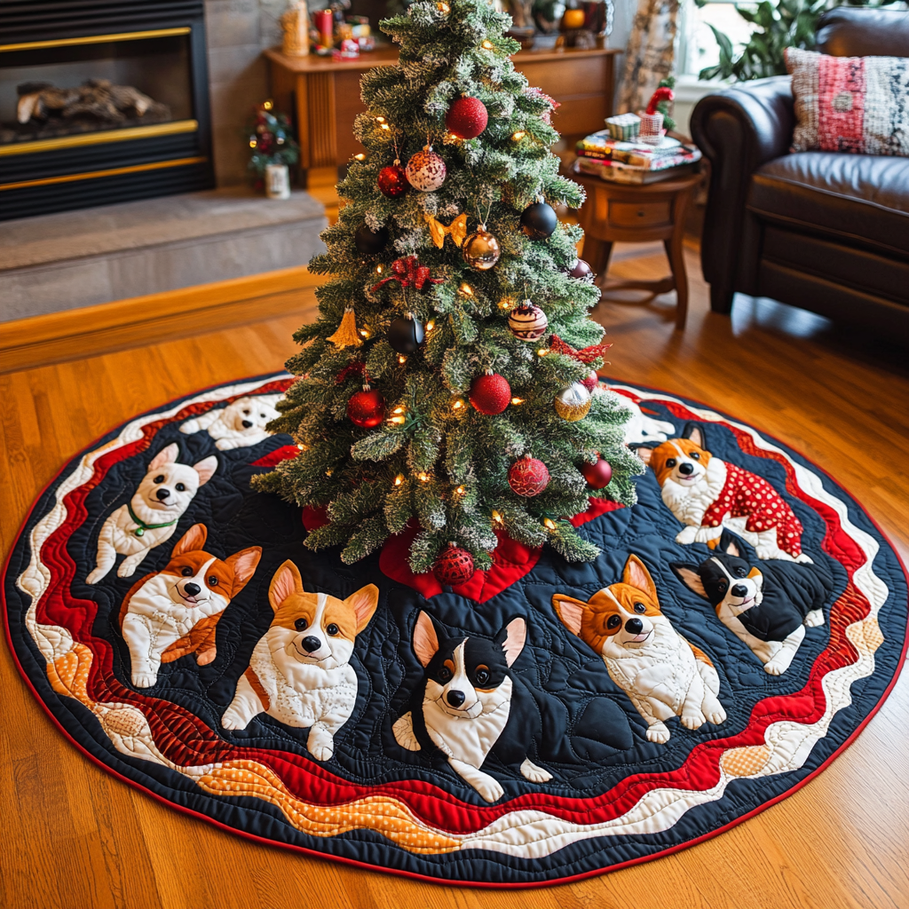 Jingle Bell Corgi Chritstmas Quilted Tree Skirt NCU0DV1333