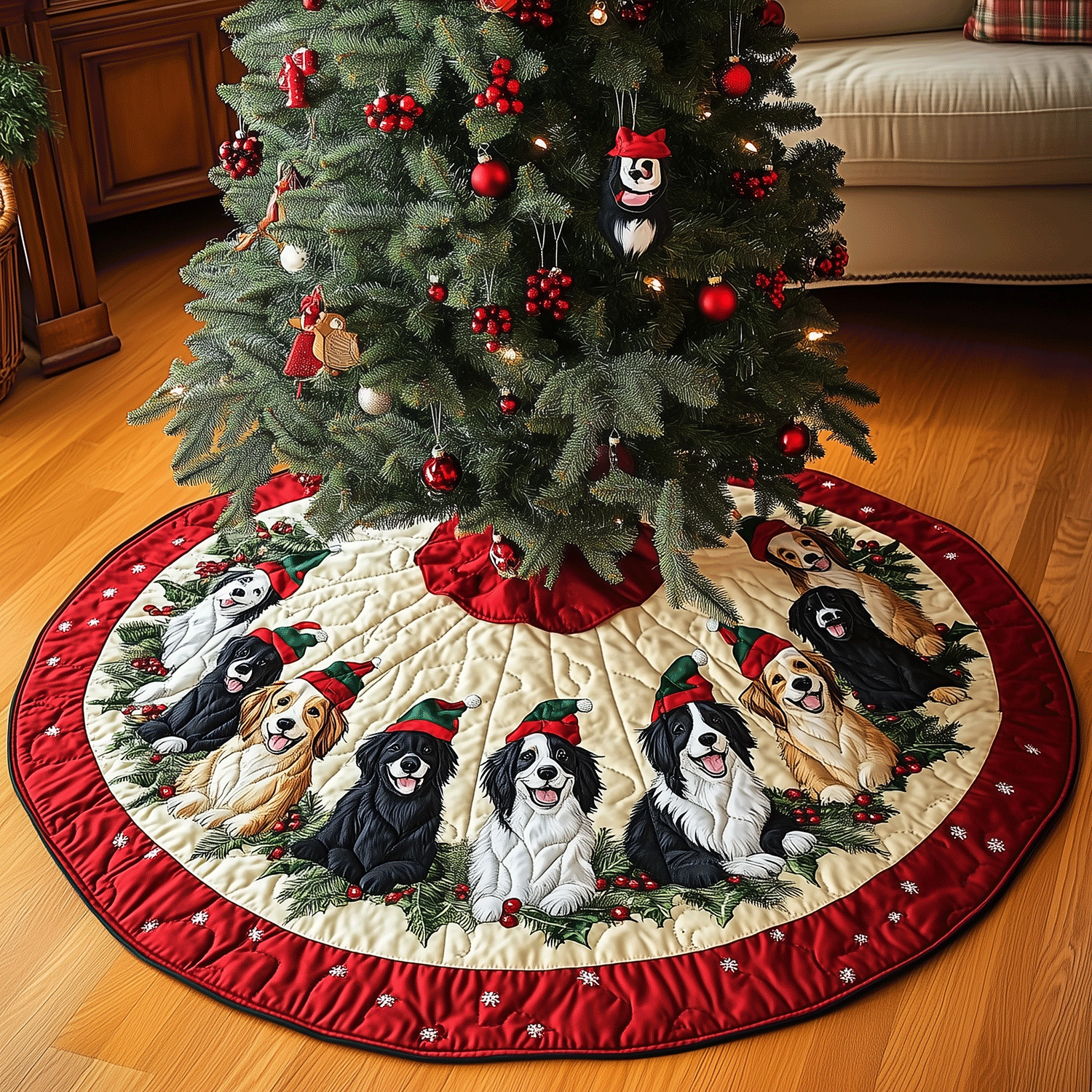 Jolly Border Collies Quilted Christmas Tree Skirt NCU0TH2062