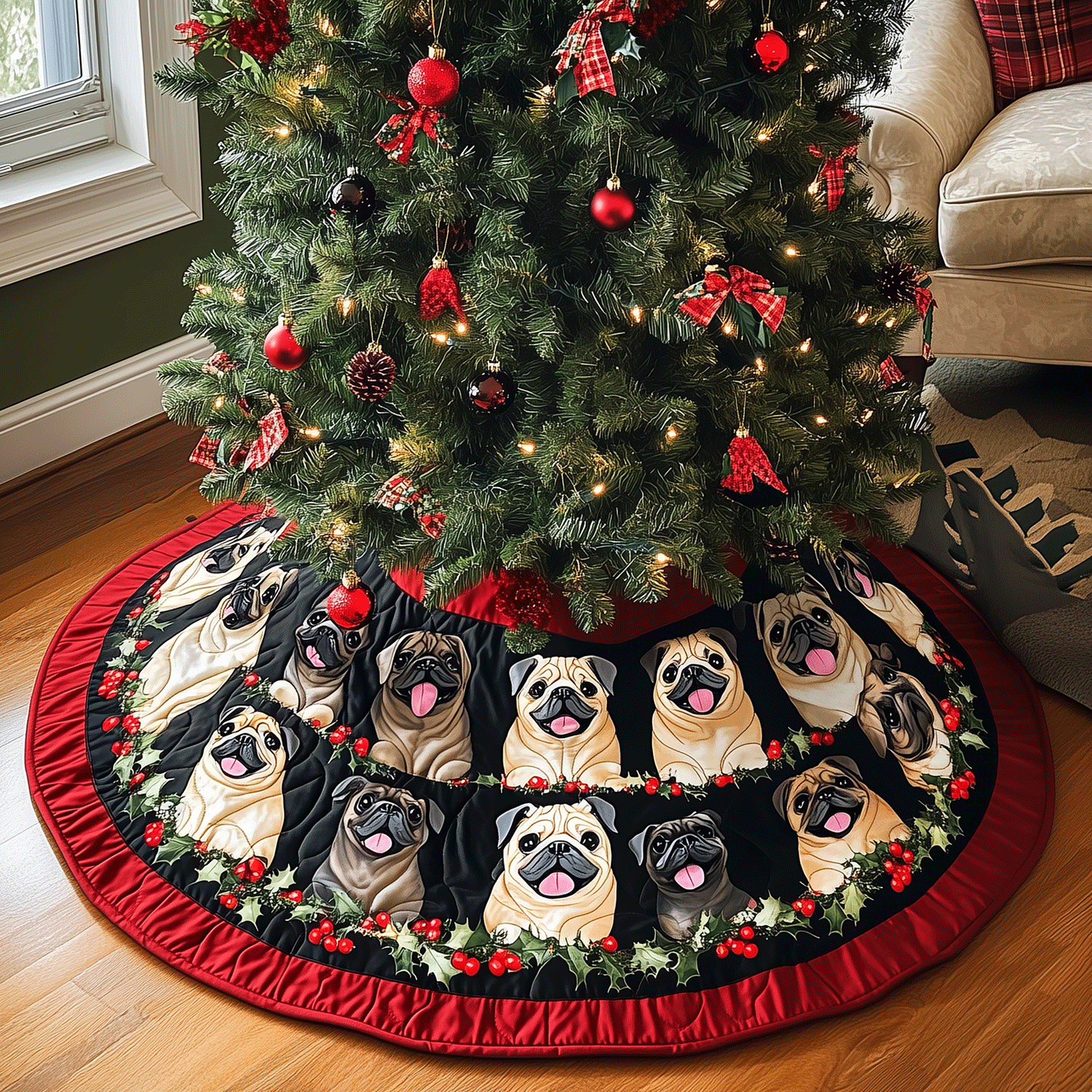 Jolly Pug Christmas Quilted Christmas Tree Skirt NCU0TH2067